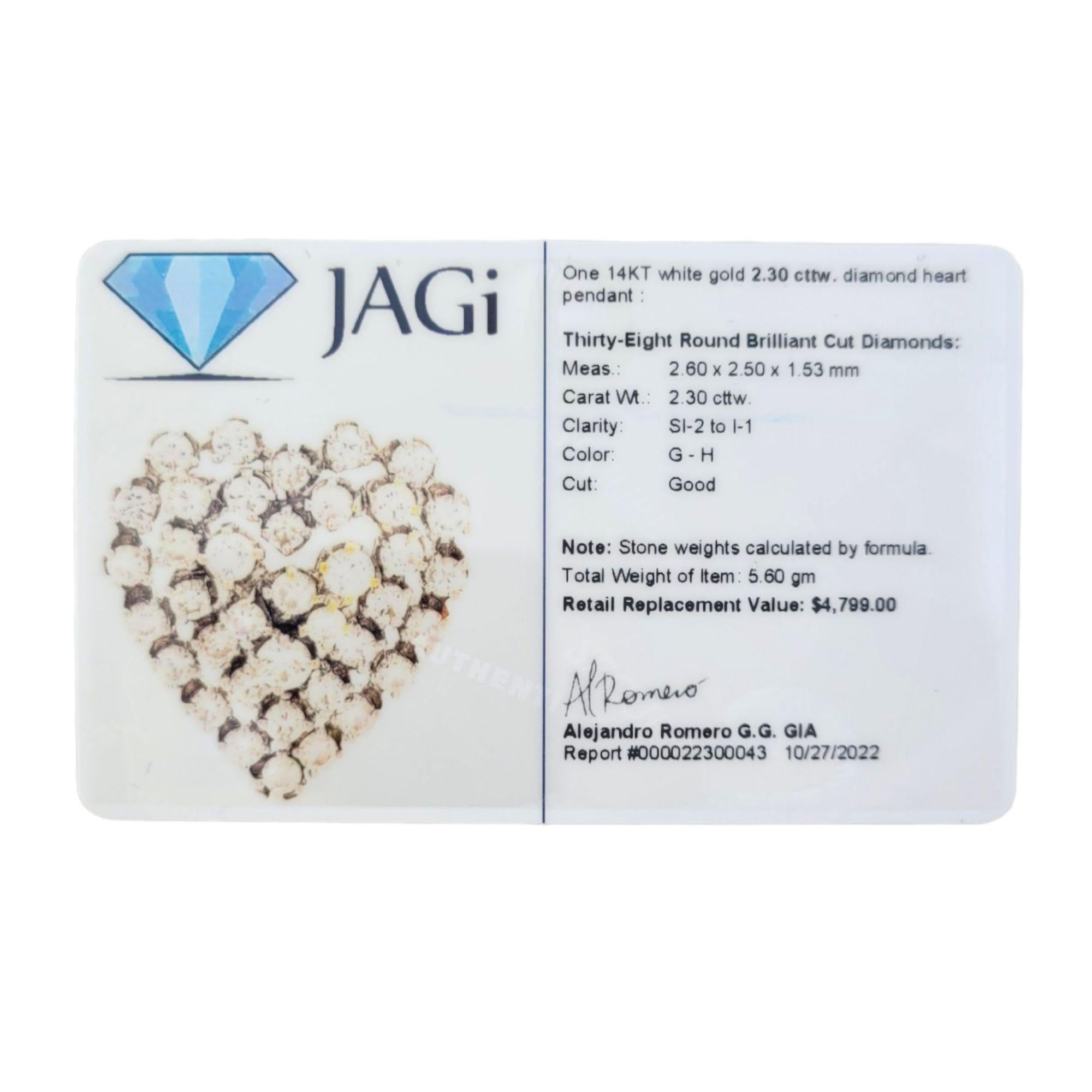 Round Cut 14 Karat White Gold Round Brilliant Diamond Heart Pendant 2.30cts Necklace For Sale