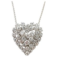 Vintage 14 Karat White Gold Round Brilliant Diamond Heart Pendant 2.30cts Necklace