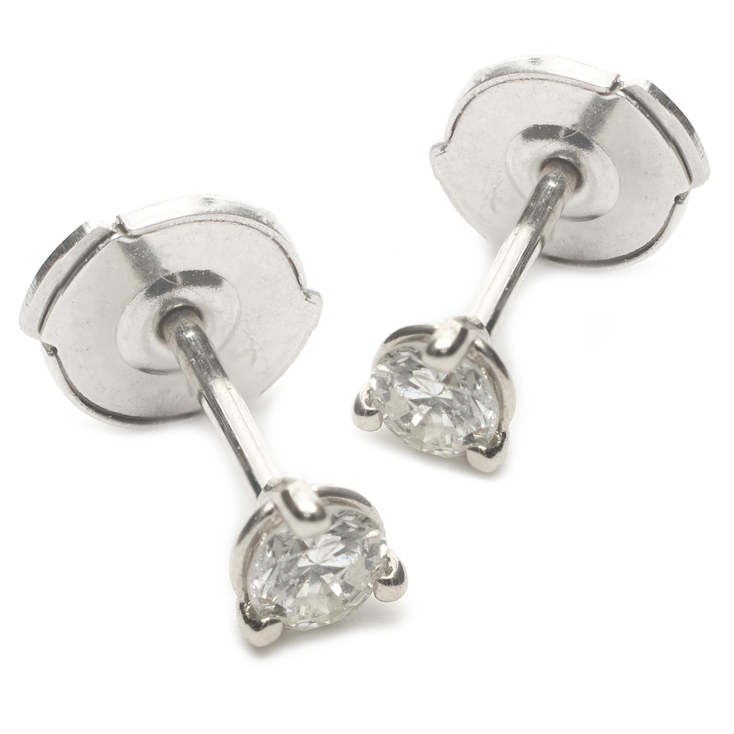 Material: 14k white gold
Diamond: 2 round brilliant cut = 0.24cttw
Color: G
Clarity: SI1
Dimensions: earrings measure approximately 3.5mm in diameter
Fastenings: lapousette backs
Weight: 0.81 grams
