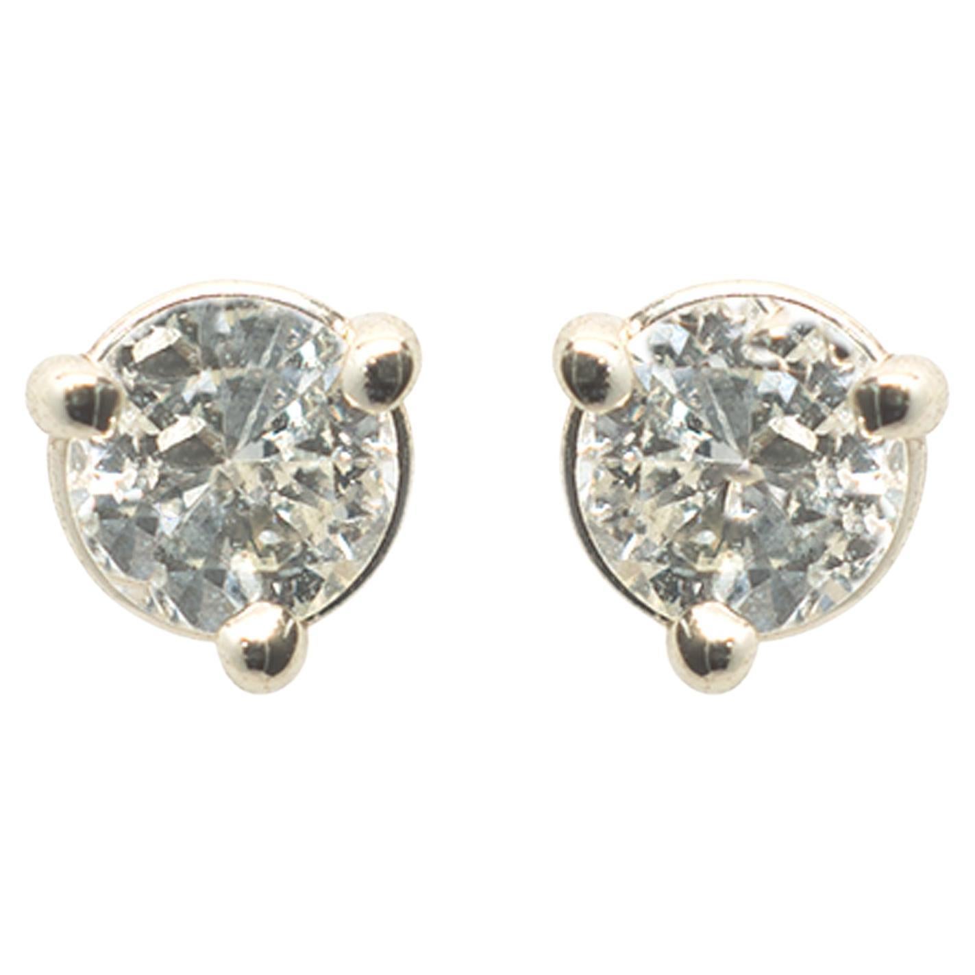 14 Karat White Gold Round Brilliant Diamond Stud Earrings For Sale