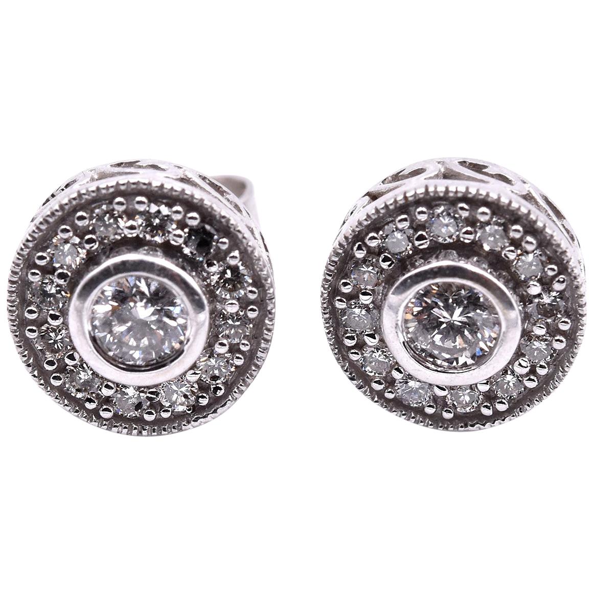 14 Karat White Gold Round Brilliant Diamond Studs with Diamond Halo For