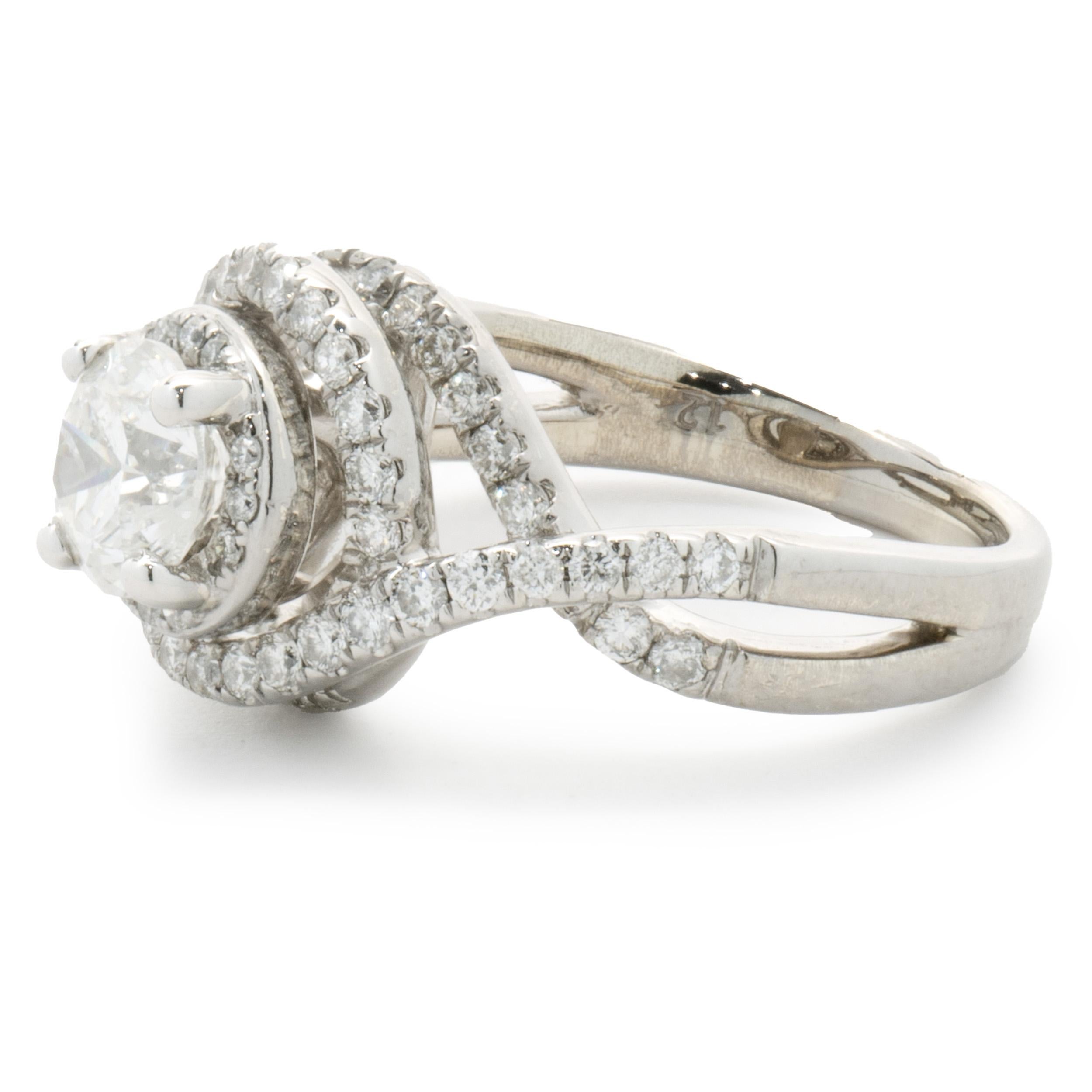 Round Cut 14 Karat White Gold Round Brilliant Diamond Swirl Engagement Ring For Sale