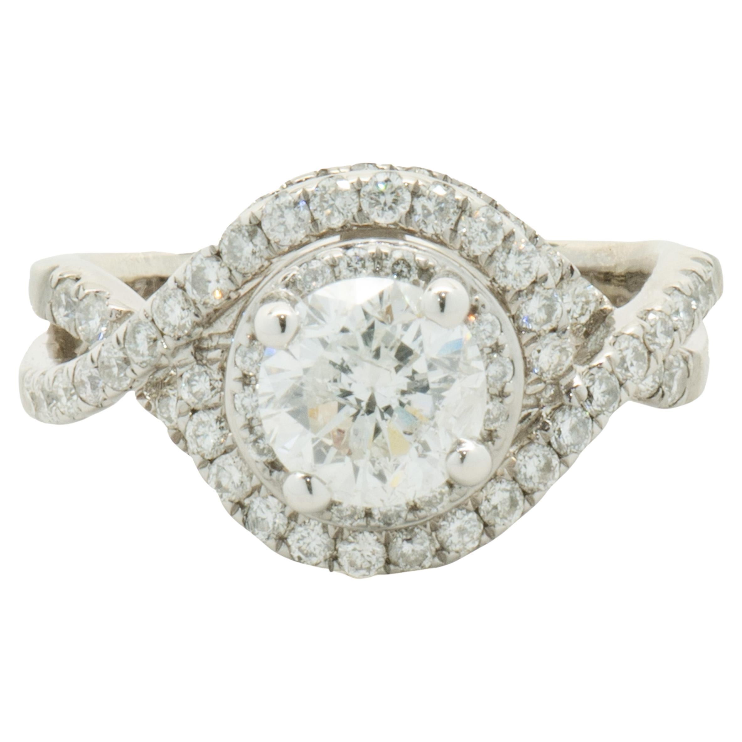 14 Karat White Gold Round Brilliant Diamond Swirl Engagement Ring For Sale