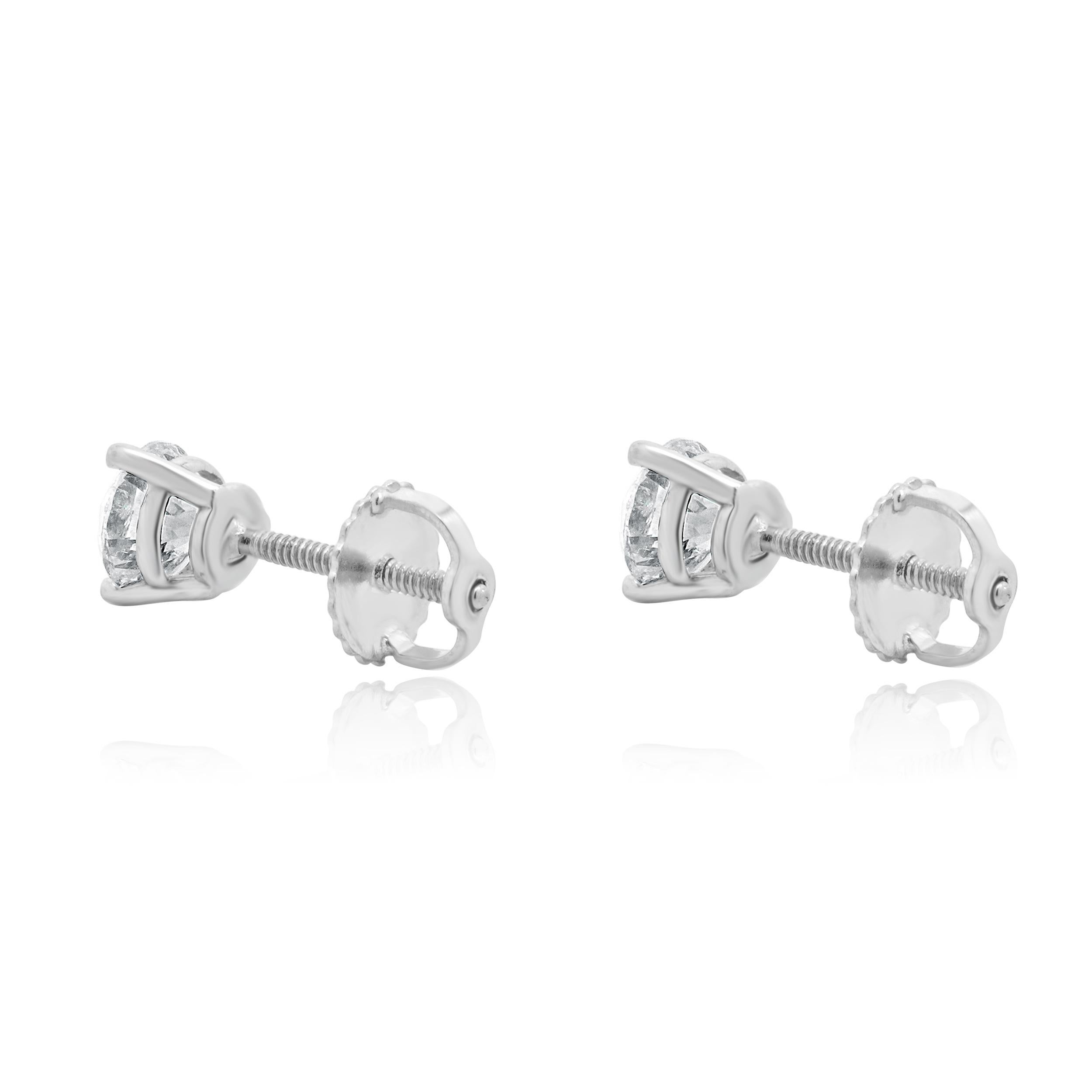 Taille ronde Boucles d'oreilles en or blanc 14 carats avec diamants taillés en rond en vente