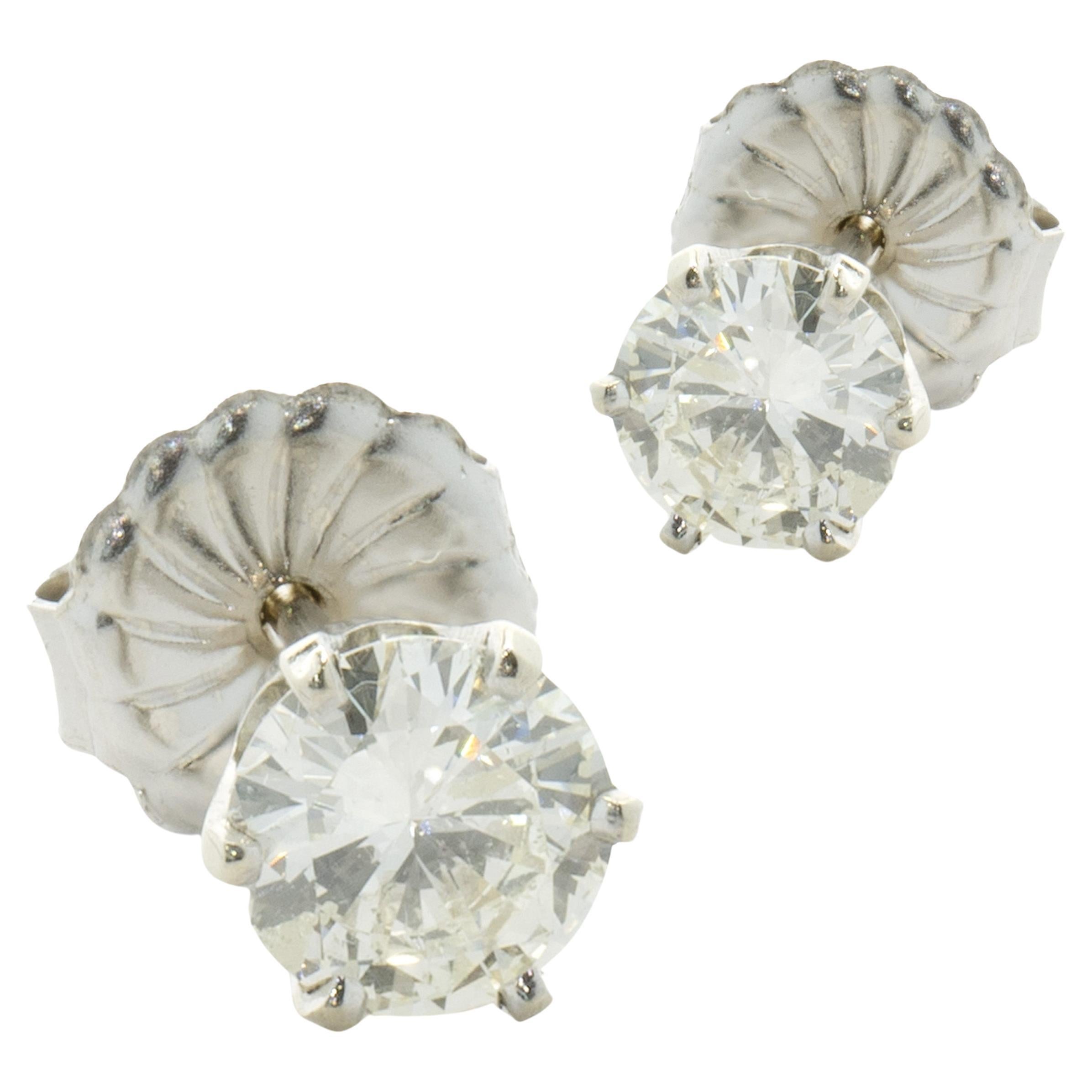 14 Karat White Gold Round Cut Diamond Stud Earrings For Sale