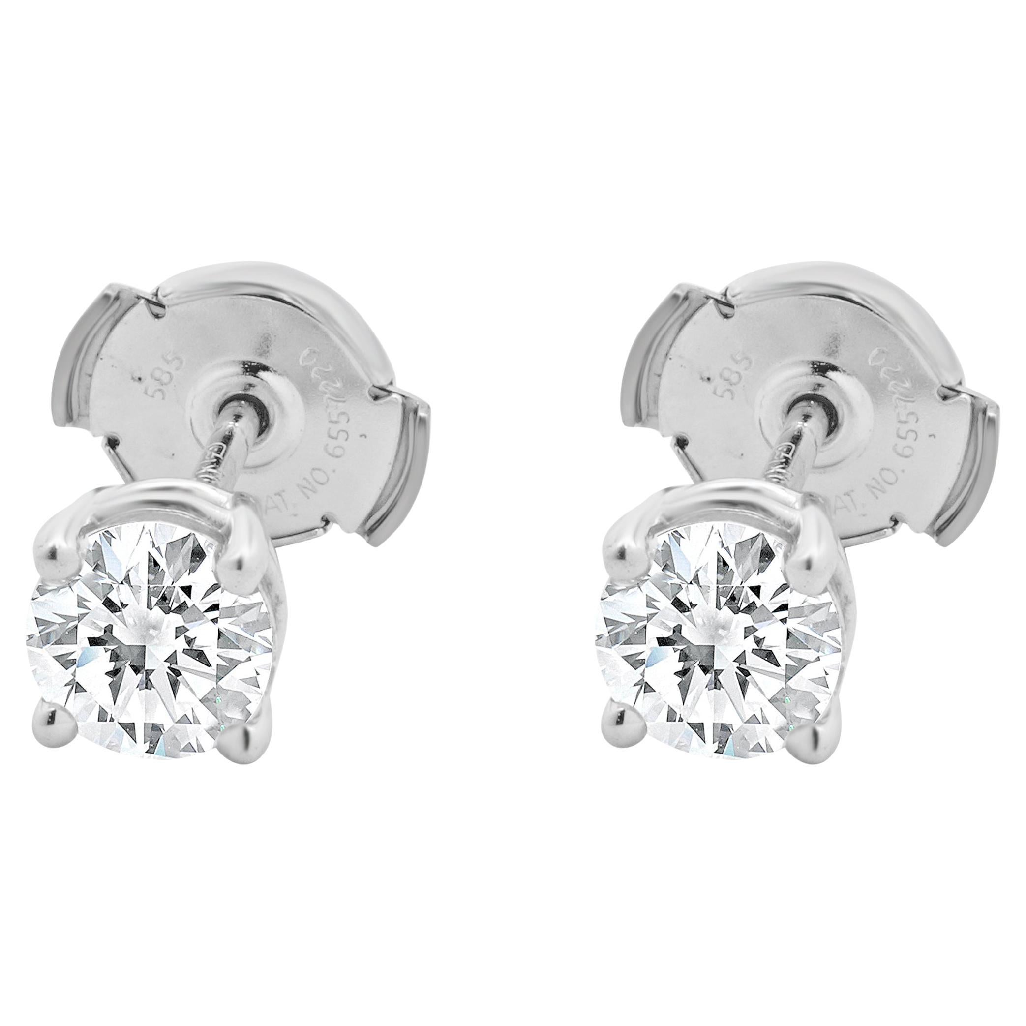 14 Karat White Gold Round Cut Diamond Stud Earrings