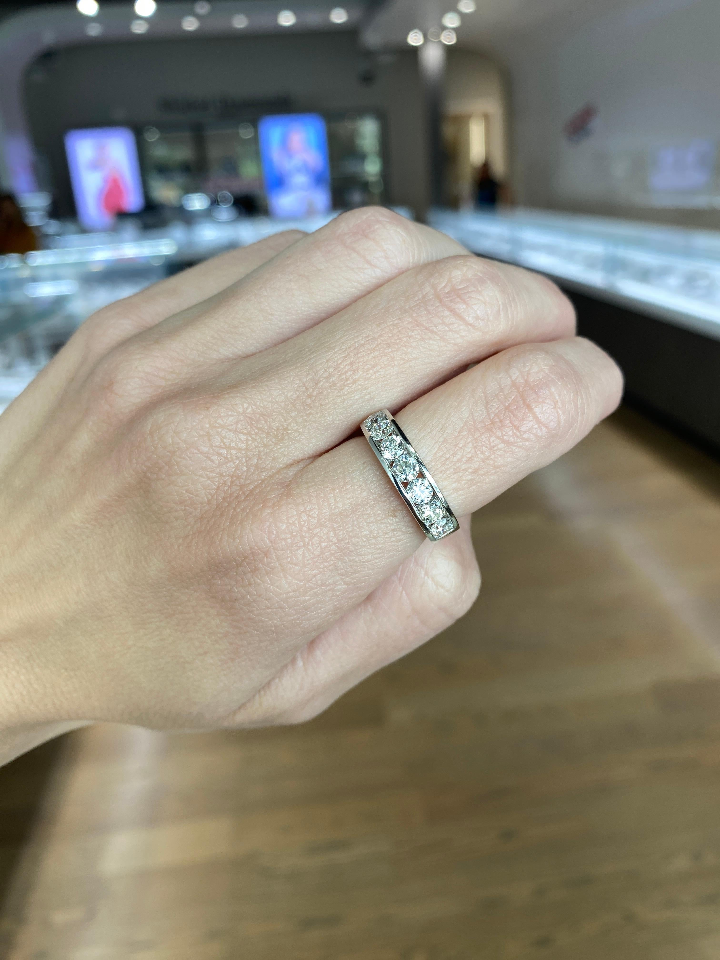 Women's or Men's 14 Karat White Gold Round Diamond Channel Set Band For Sale