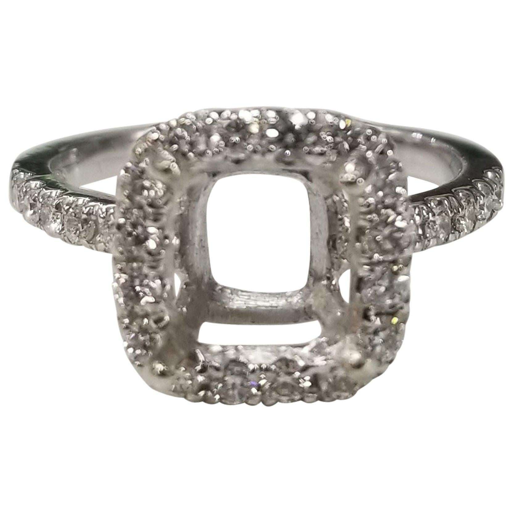 14 Karat White Gold Round Diamond Cushion Halo Ring For Sale