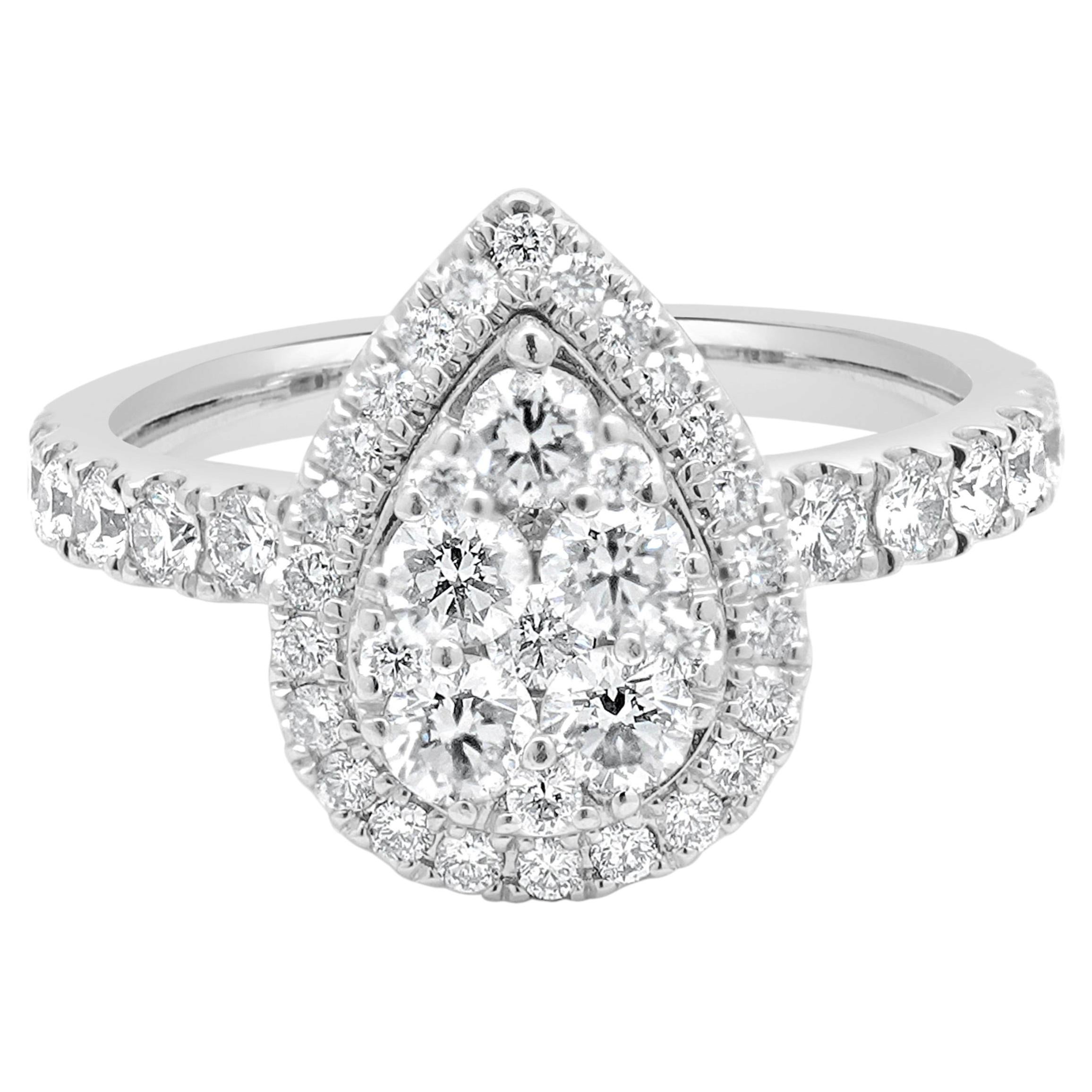14 Karat White Gold Round Diamond Pear-Shaped Cluster Halo Engagement Ring For Sale