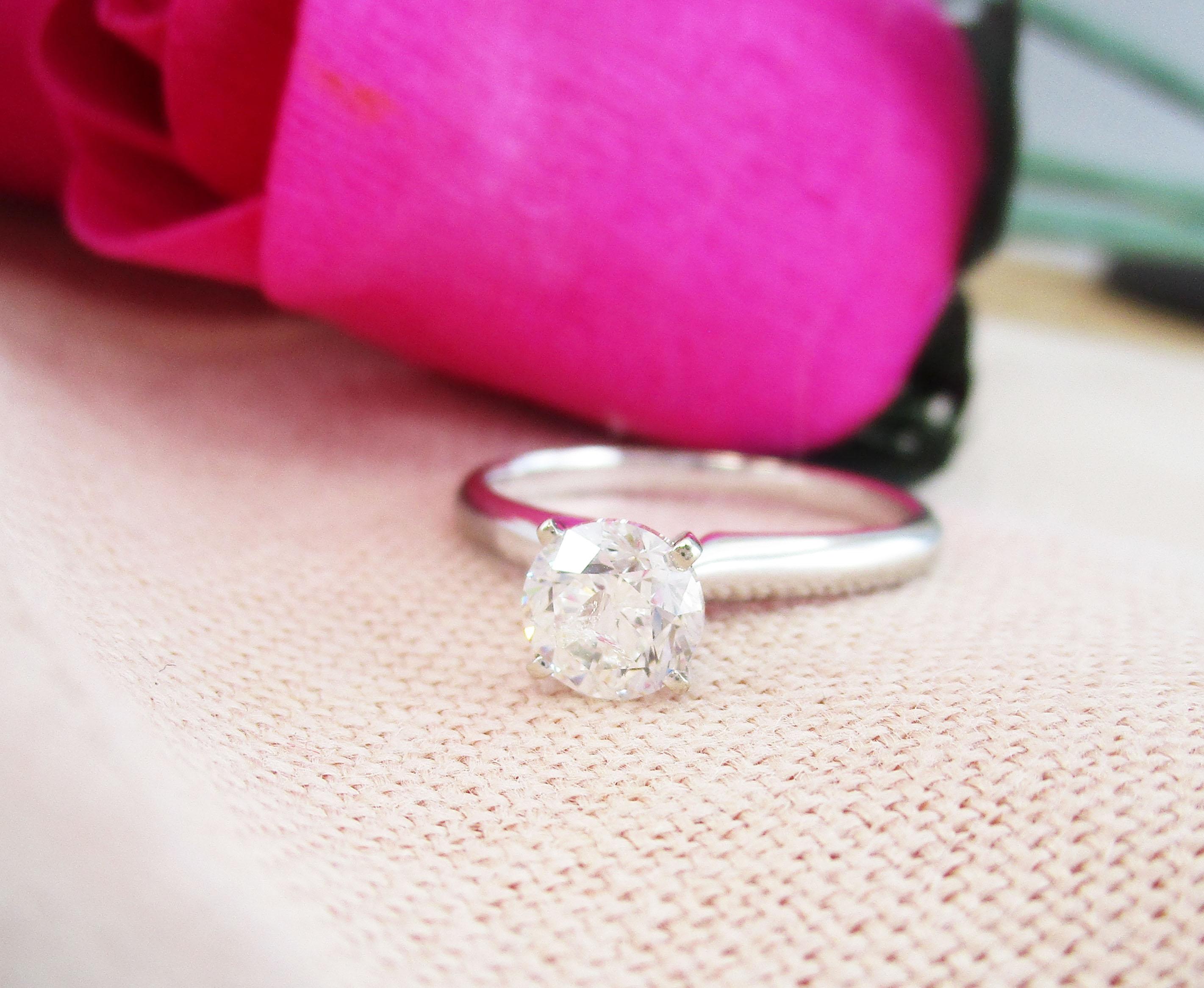 Women's 14 Karat White Gold Round Diamond Solitaire Engagement Ring For Sale