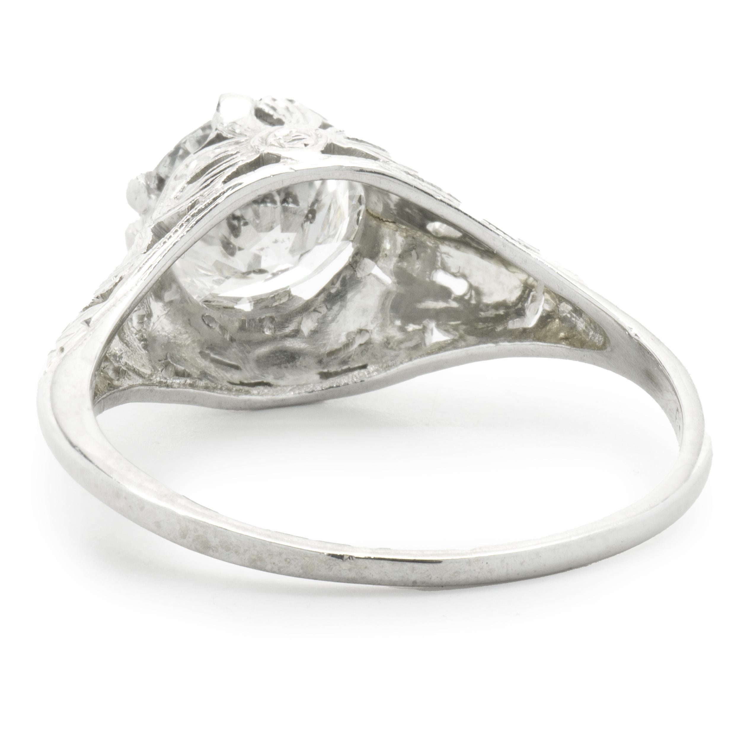 Round Cut 18 Karat White Gold Round European Cut Diamond Engagement Ring For Sale