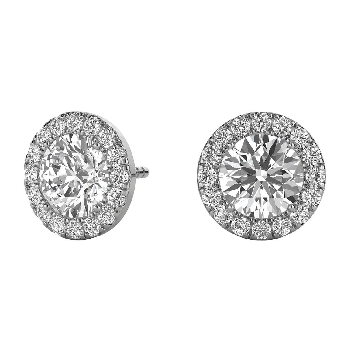 14 Karat White Gold Round Halo Diamond Earrings '1 2/5 Carat' For Sale