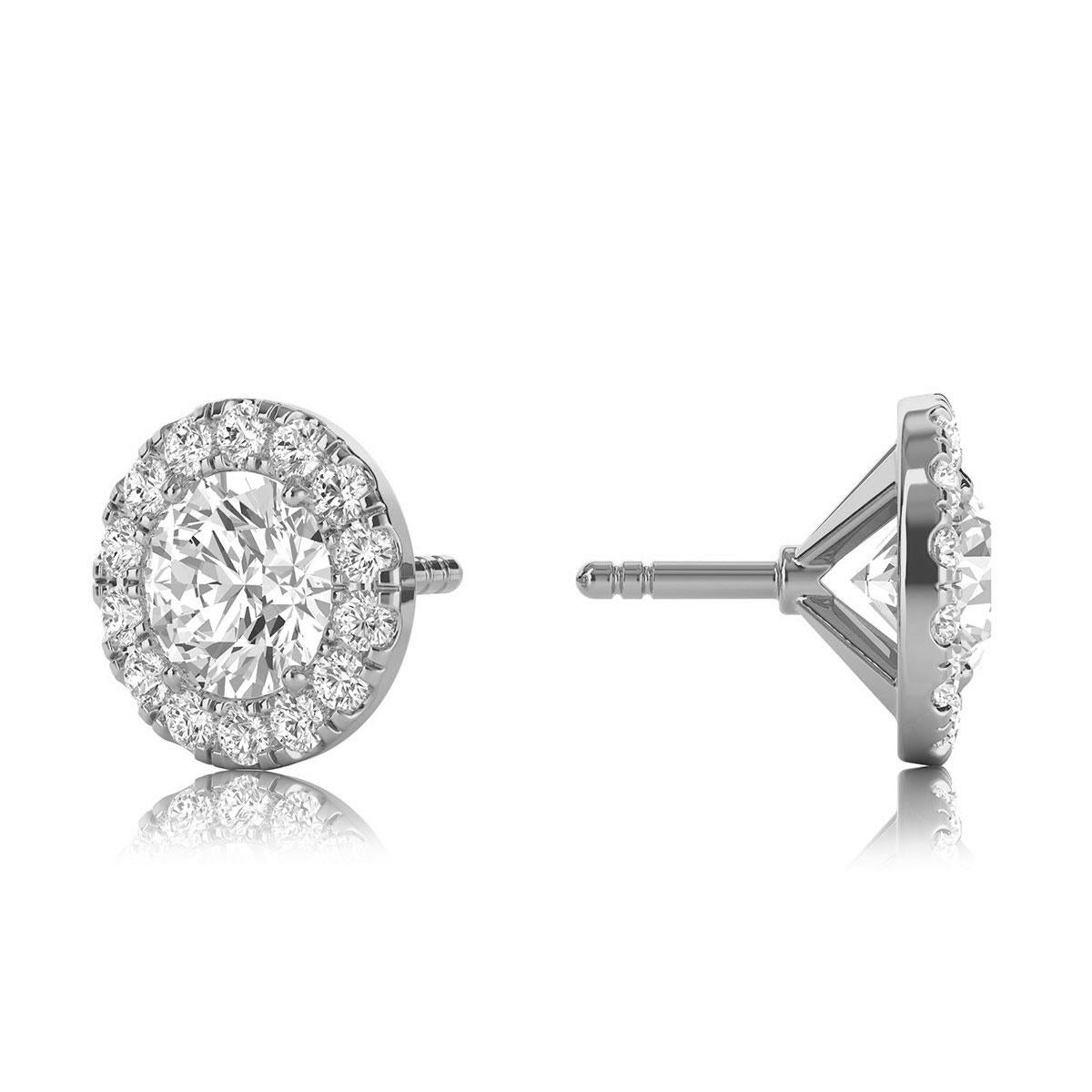 Round Cut 14 Karat White Gold Round Halo Diamond Earrings '1 Carat' For Sale