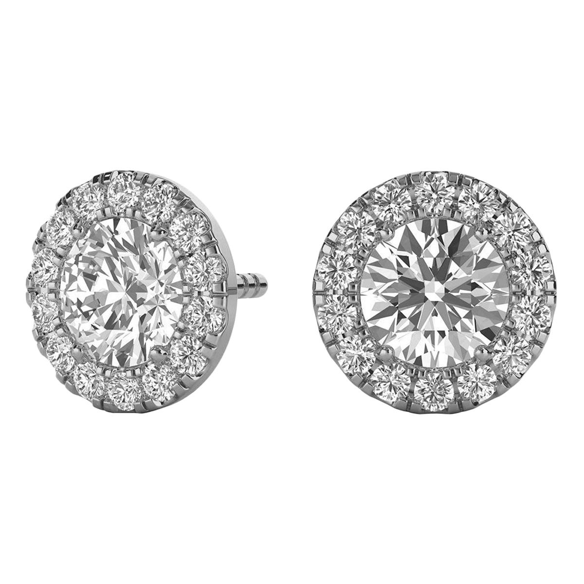 14 Karat White Gold Round Halo Diamond Earrings '1 Carat' For Sale
