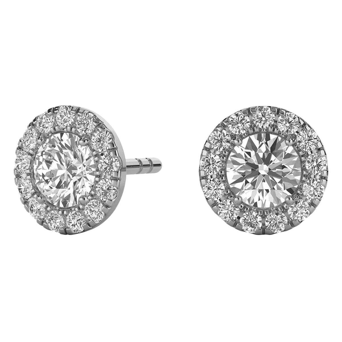 14 Karat White Gold Round Halo Diamond Earrings '3/4 Carat' For Sale