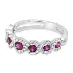 14 Karat White Gold Round Ruby and Round Diamond Crossover Halo Ring