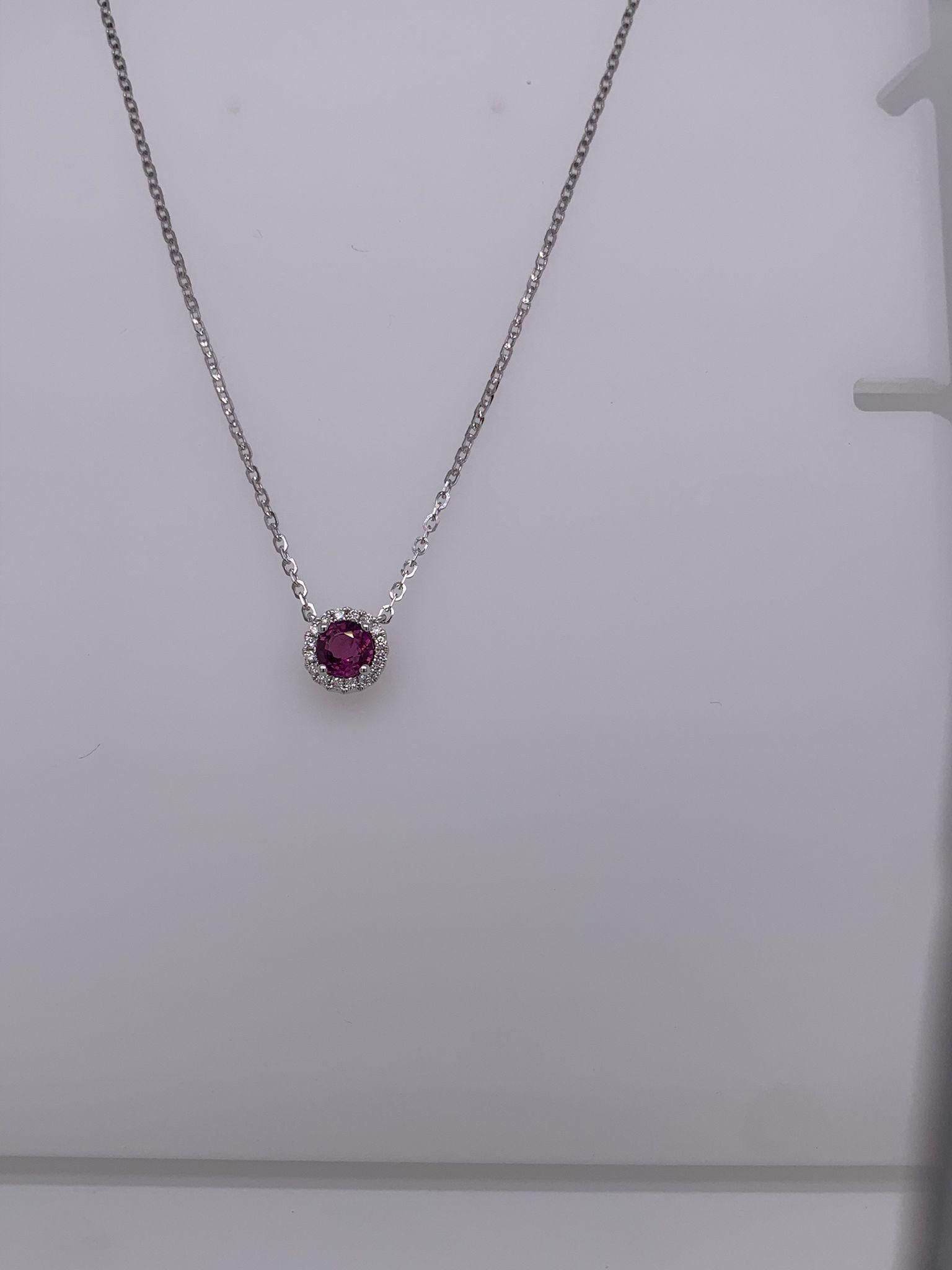 Modern 14 Karat White Gold Round Ruby & Diamond Necklace For Sale