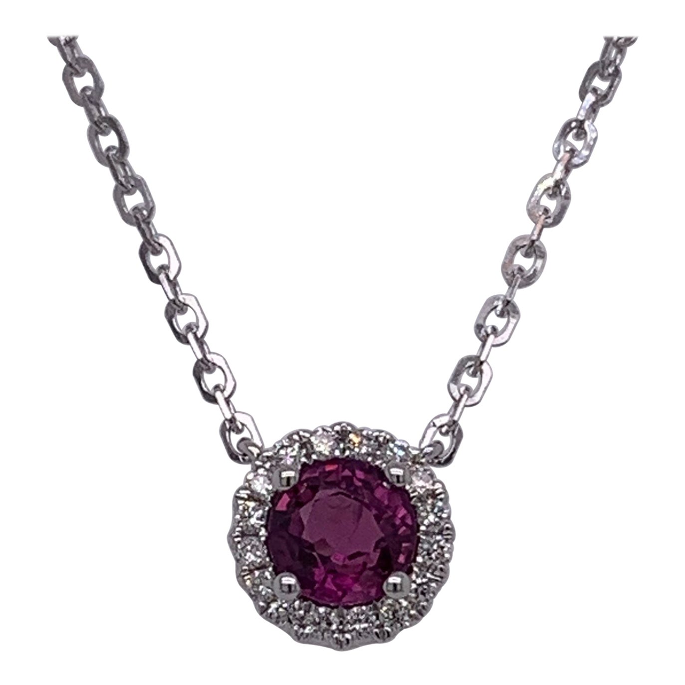 14 Karat White Gold Round Ruby 
Diamond Necklace