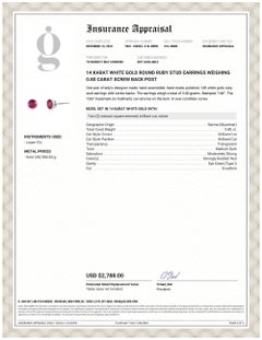 14 Karat White Gold Round Ruby Stud Earrings Weighing 0.80 Carat Screw Back Post