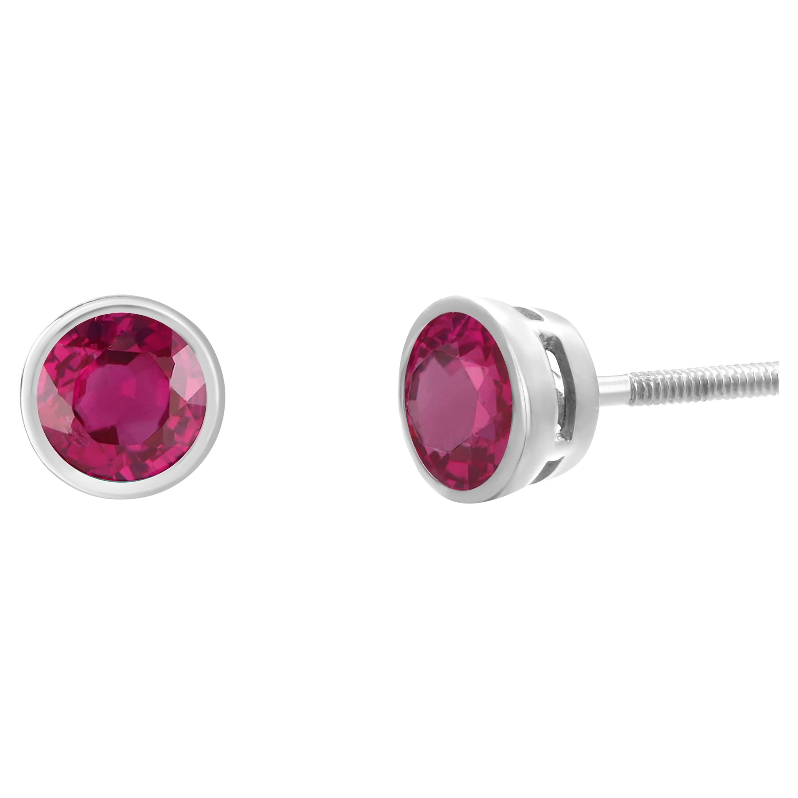 14 Karat White Gold Round Ruby Stud Earrings Weighing 0.80 Carat Screw Back Post