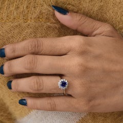 14 Karat White Gold Round Sapphire Diamond Halo Engagement Flower Ring Gift