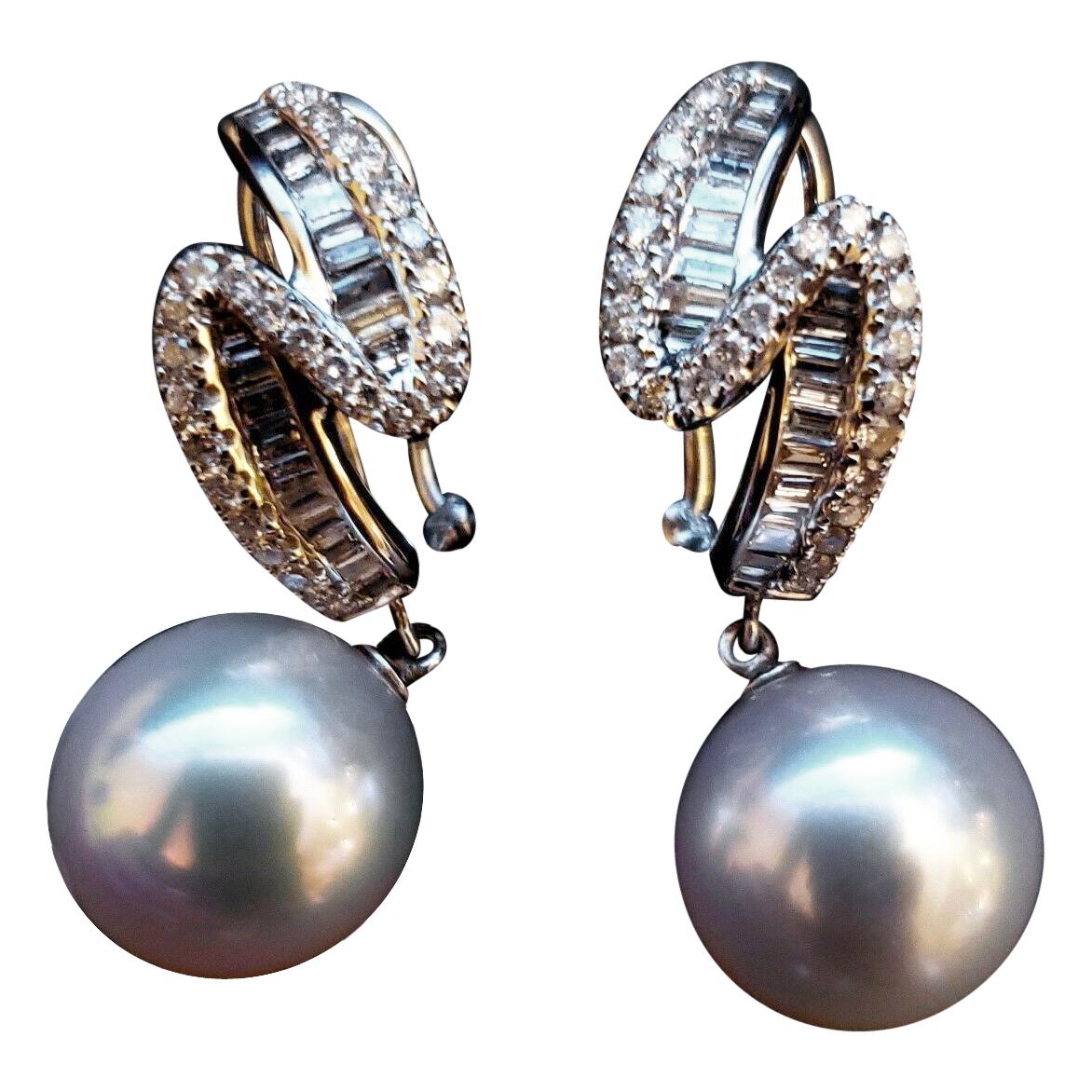 14 Karat White Gold, Round South Sea Pearl and Diamond Earrings