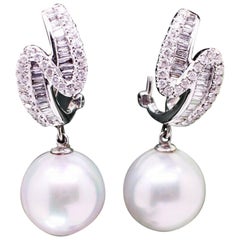 14 Karat White Gold, Round South Sea Pearl Earrings
