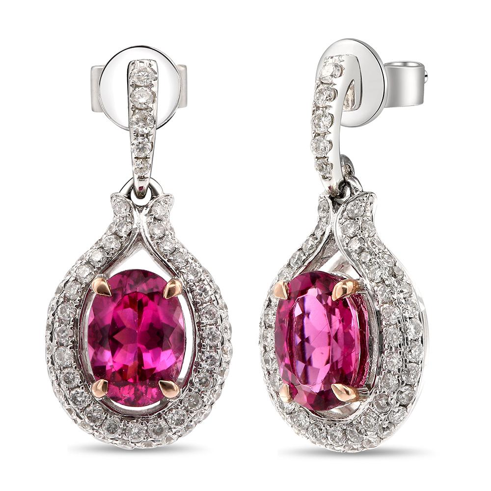 Contemporary 14 Karat White Gold, Rubellite, and Diamond Drop Earrings For Sale