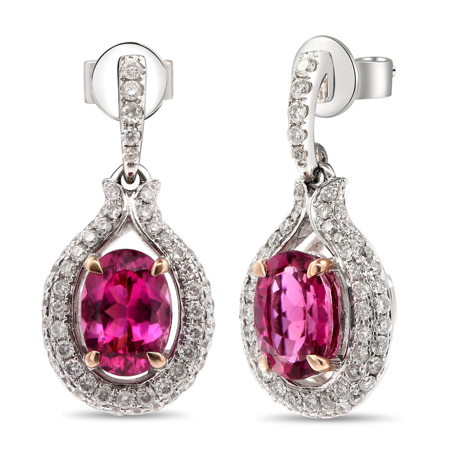 Round Cut 14 Karat White Gold, Rubellite, and Diamond Drop Earrings For Sale