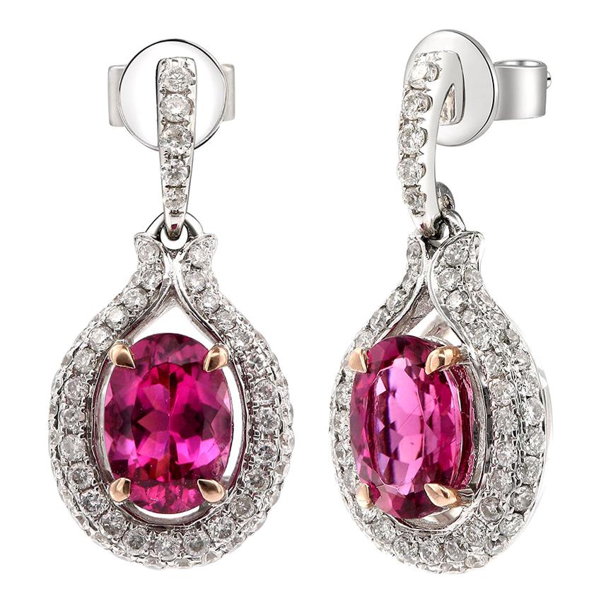 14 Karat White Gold, Rubellite, and Diamond Drop Earrings For Sale