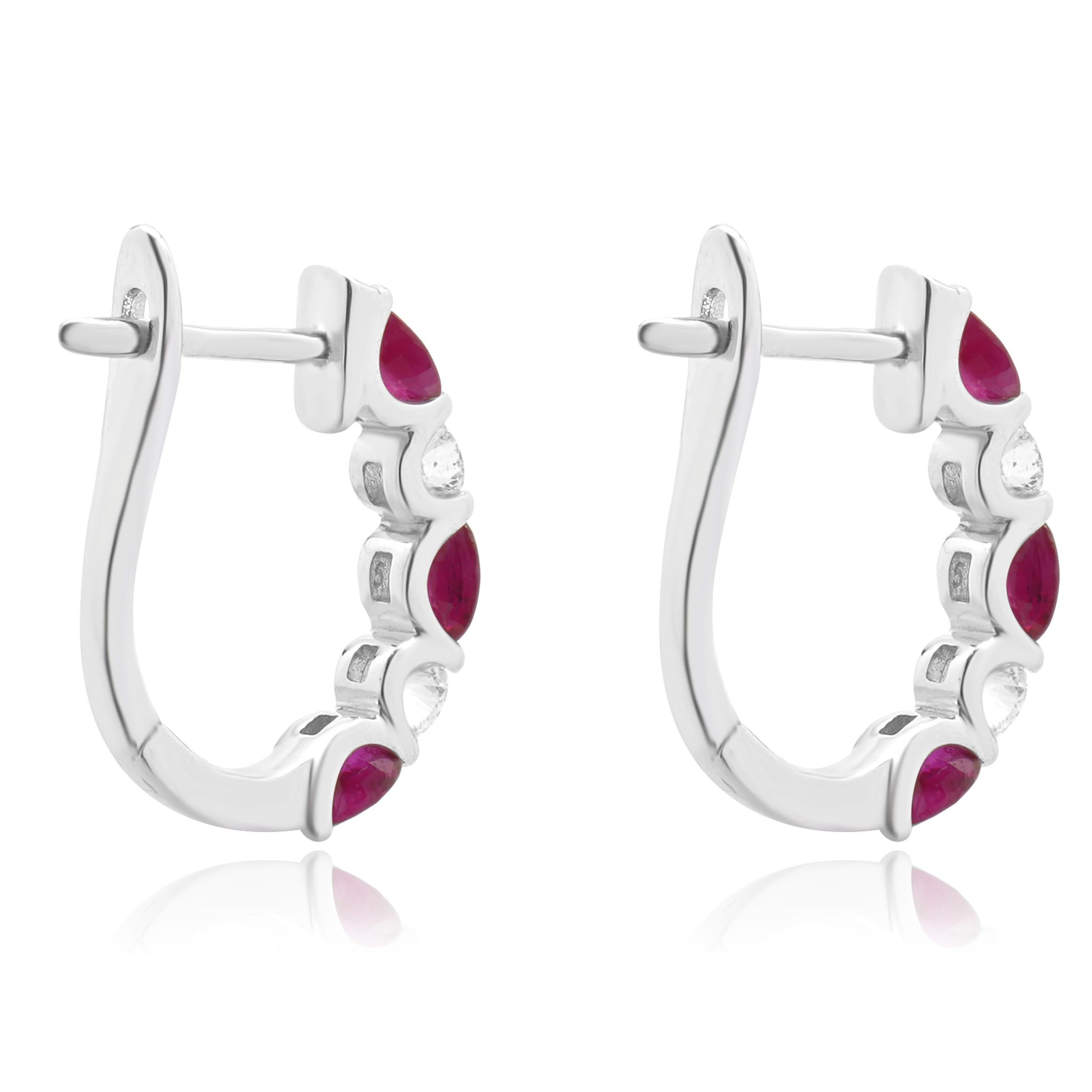 Round Cut 14 Karat White Gold Ruby and Diamond Alternating Huggie Earrings For Sale