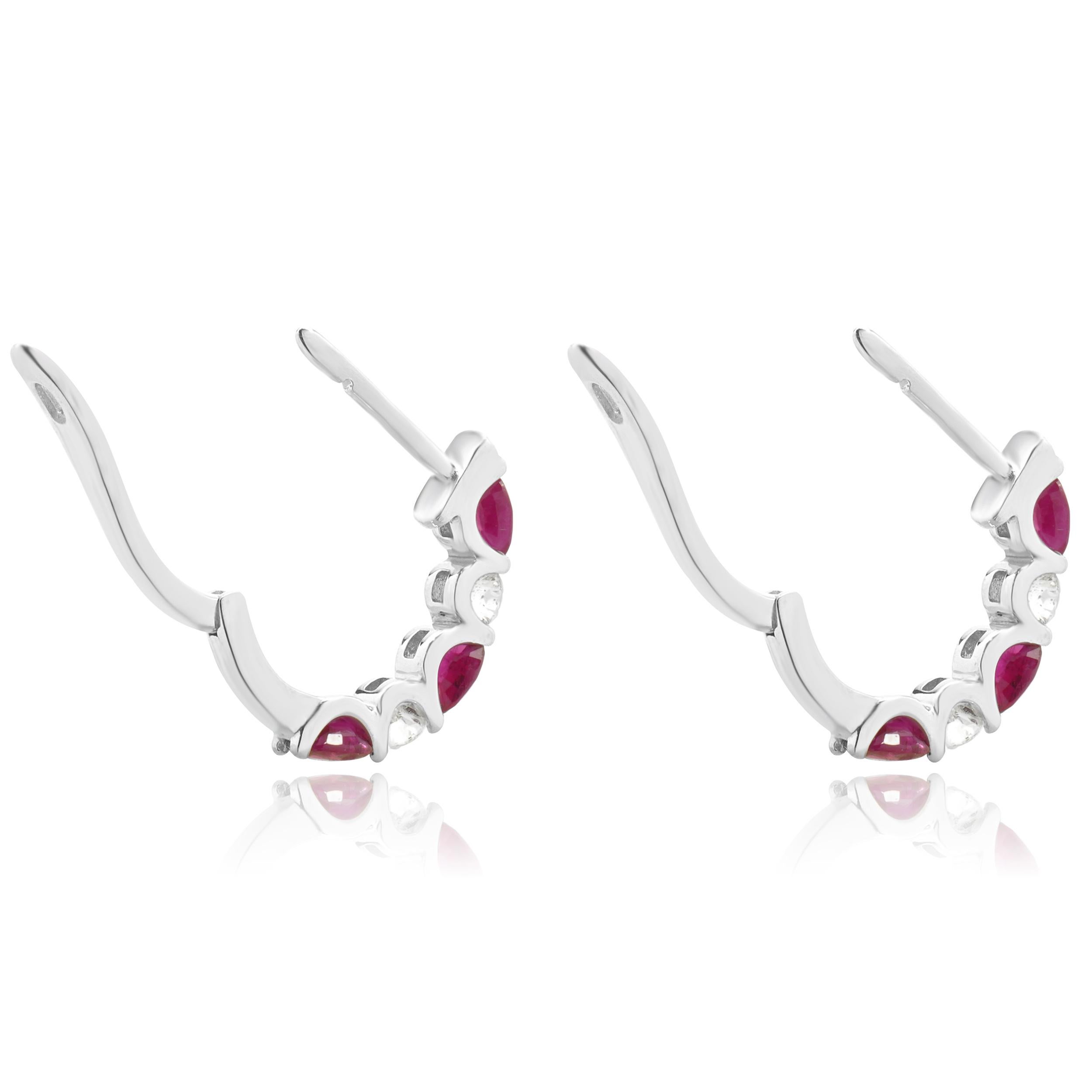 14 Karat White Gold Ruby and Diamond Alternating Huggie Earrings In Excellent Condition For Sale In Scottsdale, AZ