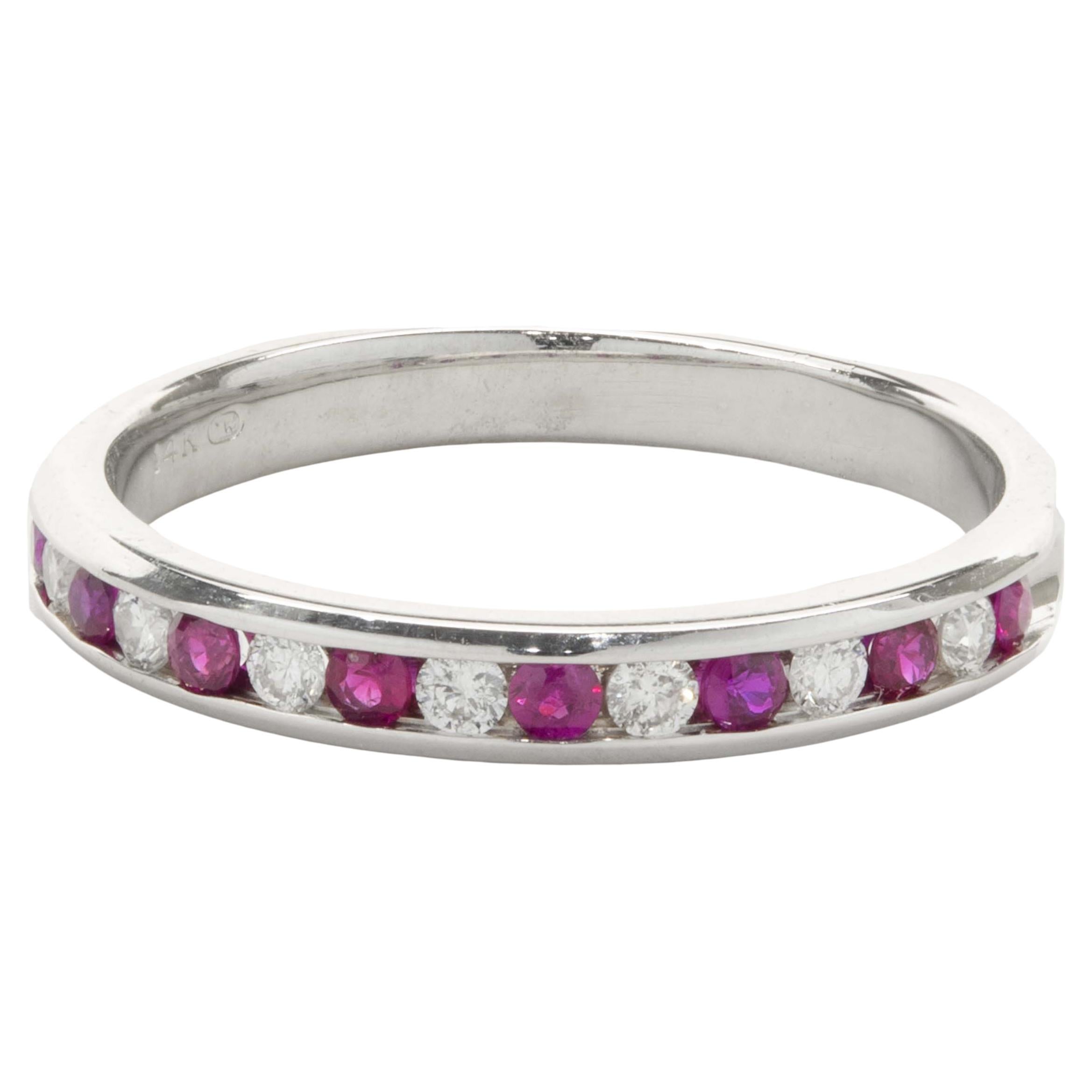 14 Karat White Gold Ruby and Diamond Band For Sale