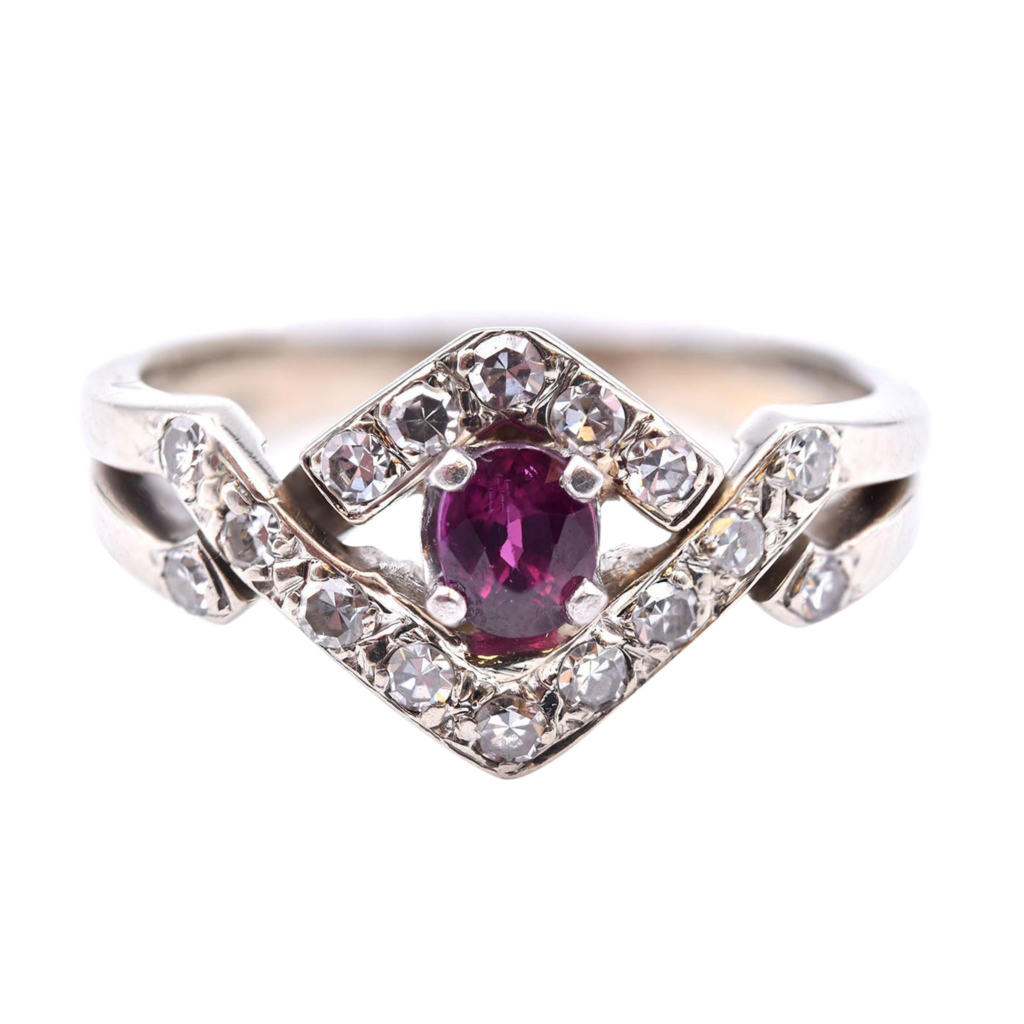 14 Karat White Gold Ruby and Diamond Crossover Ring