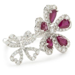 14 Karat White Gold Ruby and Diamond Double Flower Ring
