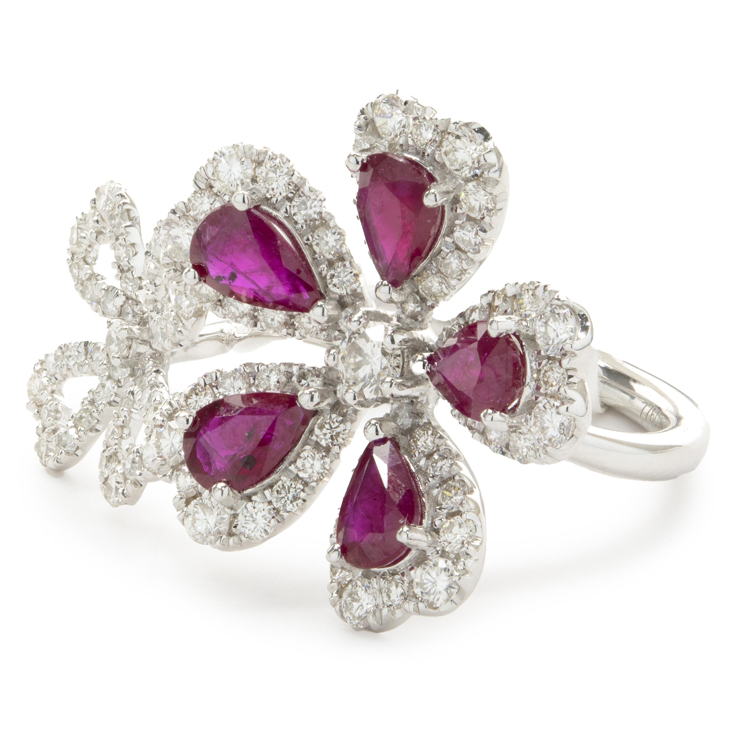 Pear Cut 14 Karat White Gold Ruby and Diamond Double Flower Ring For Sale