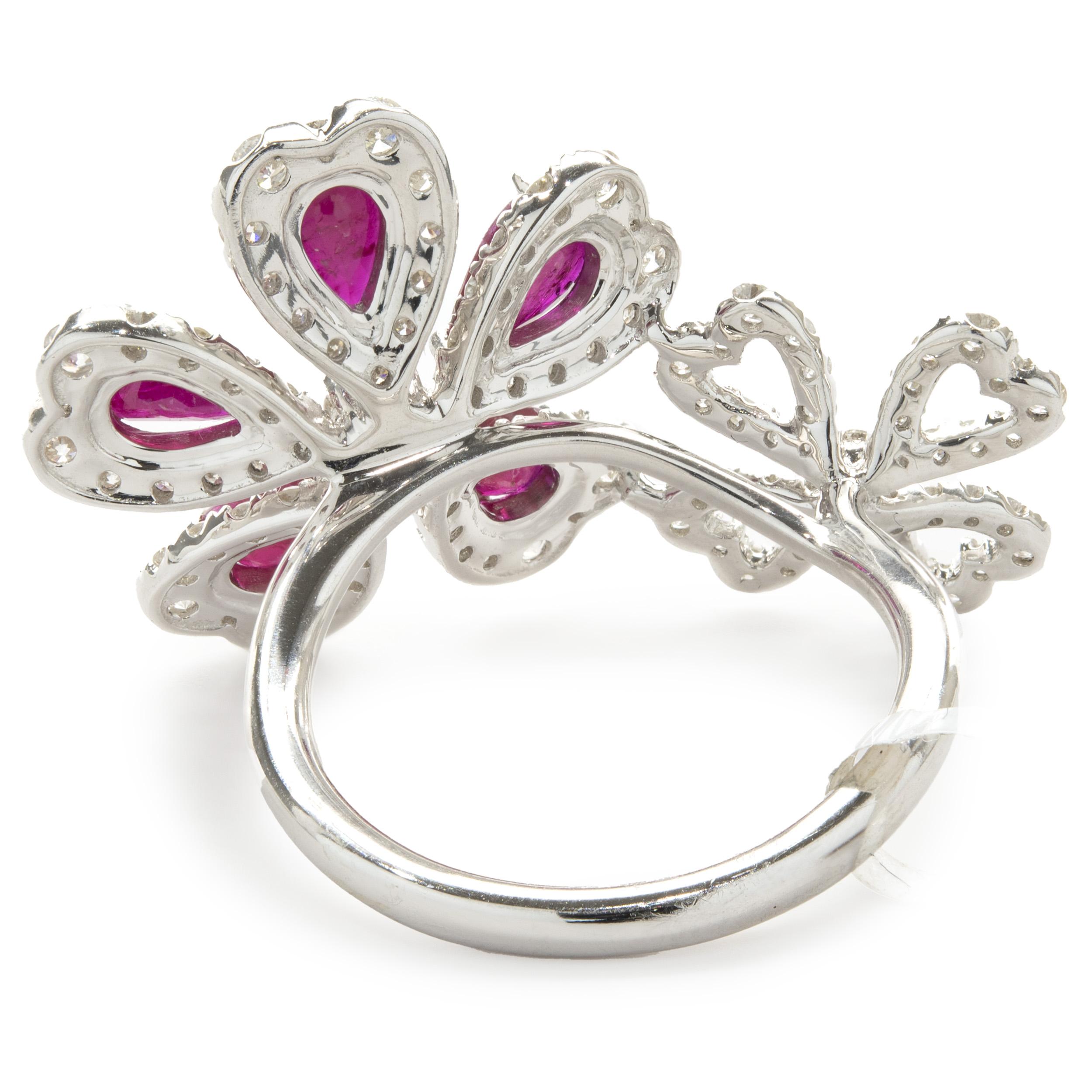 14 Karat White Gold Ruby and Diamond Double Flower Ring In Excellent Condition For Sale In Scottsdale, AZ