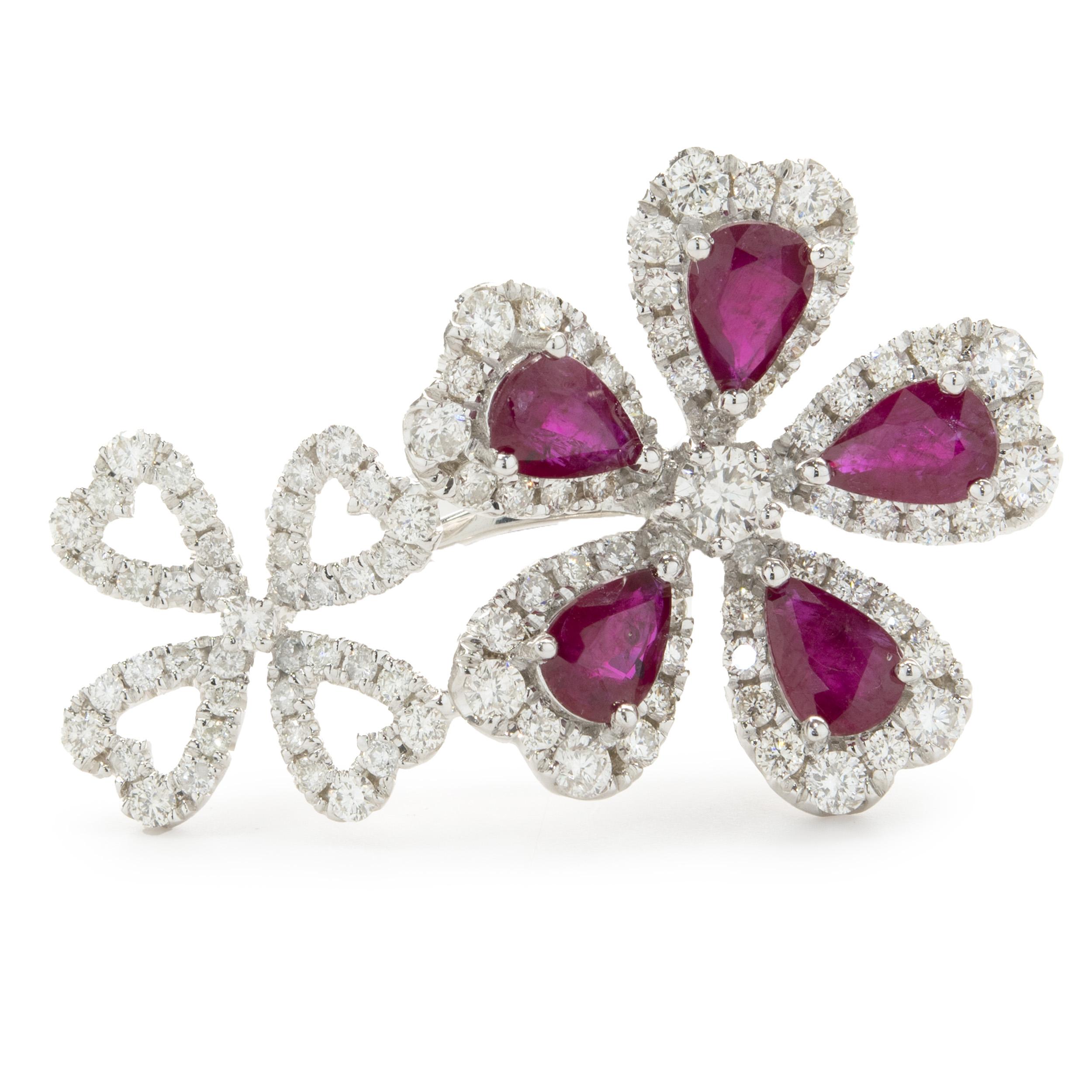 14 Karat White Gold Ruby and Diamond Double Flower Ring For Sale