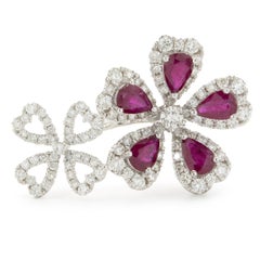 14 Karat White Gold Ruby and Diamond Double Flower Ring