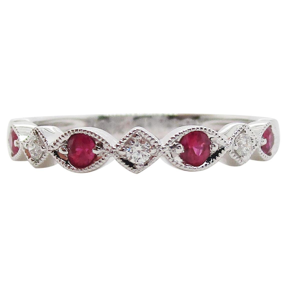 14 Karat White Gold Ruby and Diamond Half Band