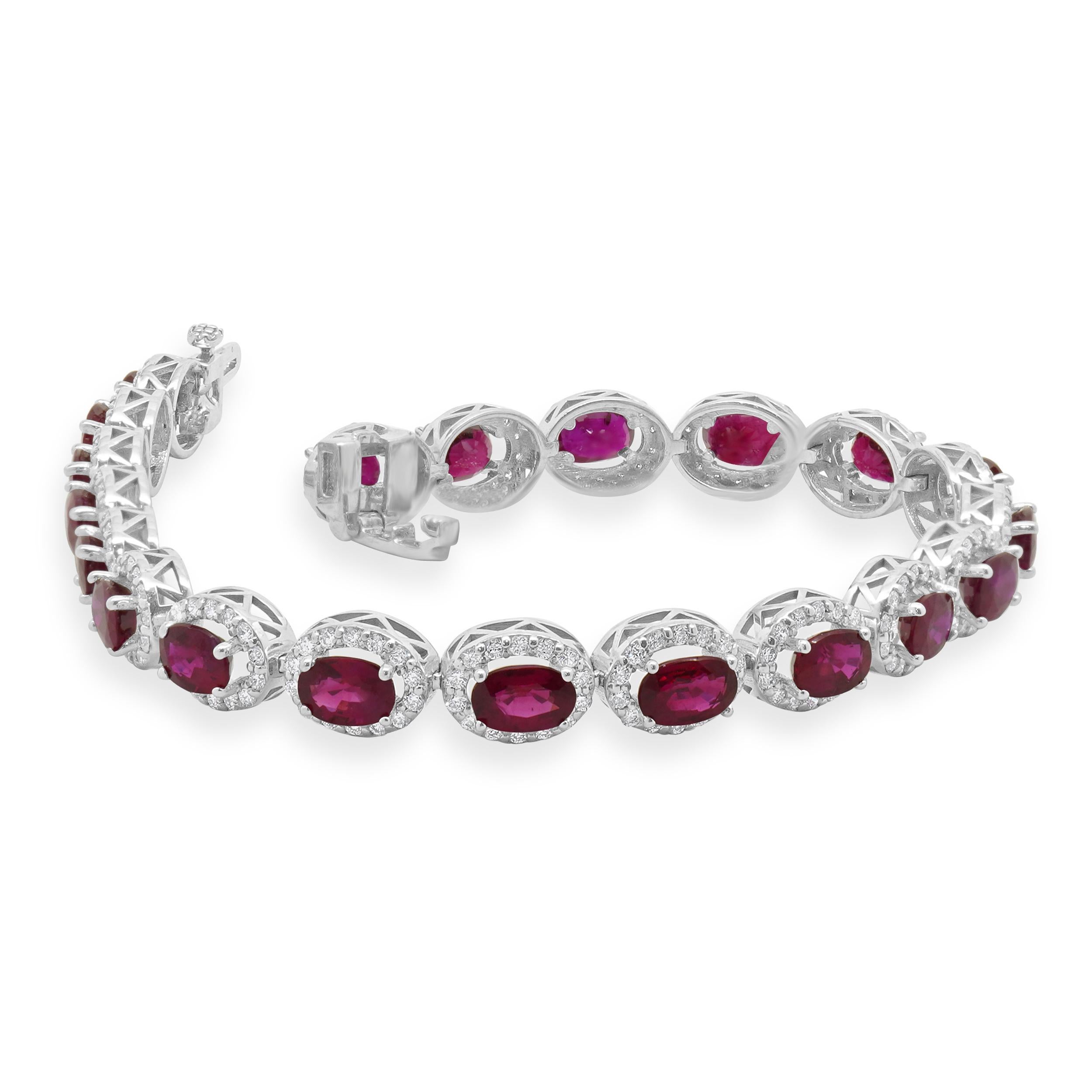 14 Karat White Gold Ruby and Diamond Halo Link Bracelet In Excellent Condition For Sale In Scottsdale, AZ