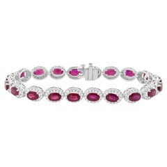 14 Karat White Gold Ruby and Diamond Halo Link Bracelet