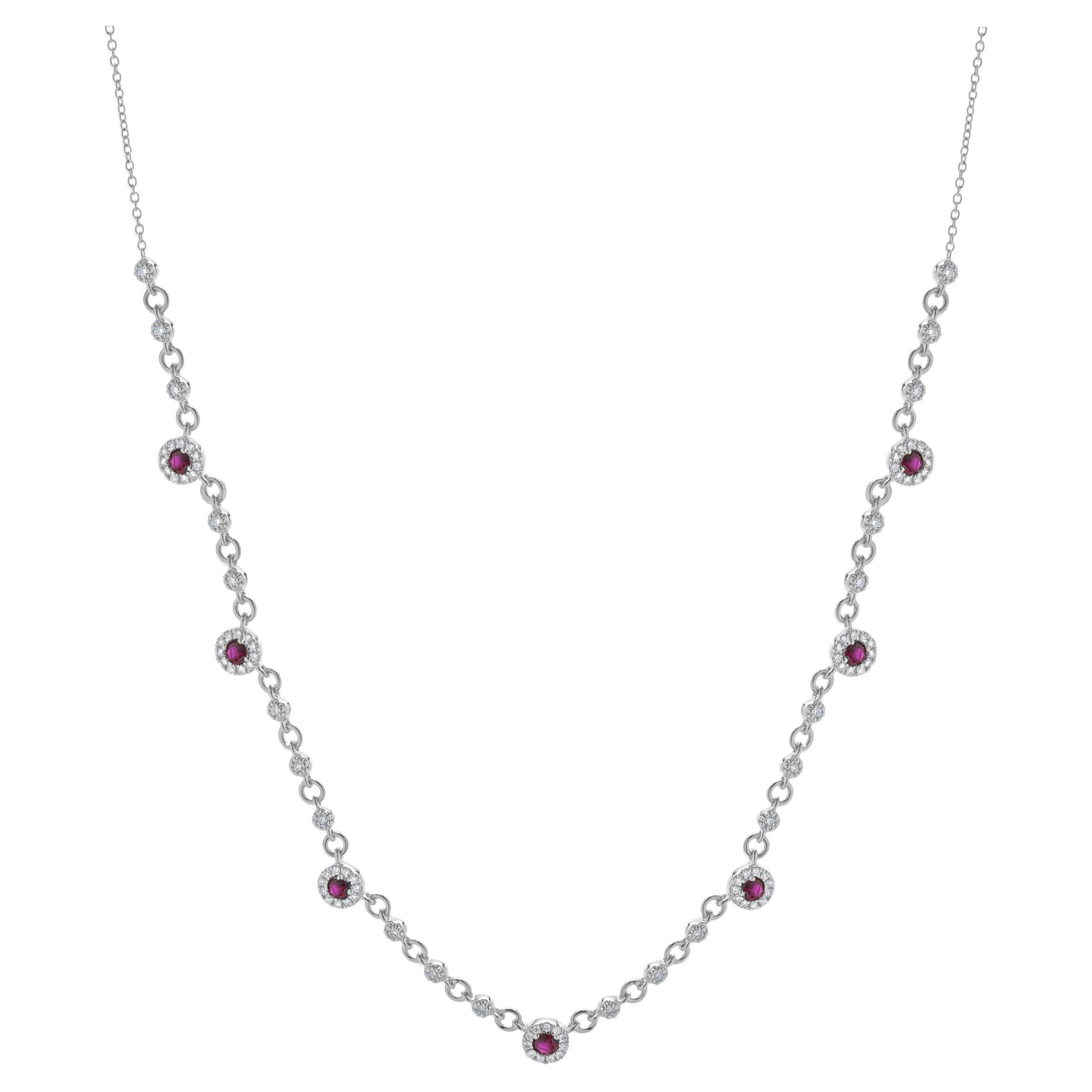 14 Karat White Gold Ruby and Diamond Halo Station Necklace