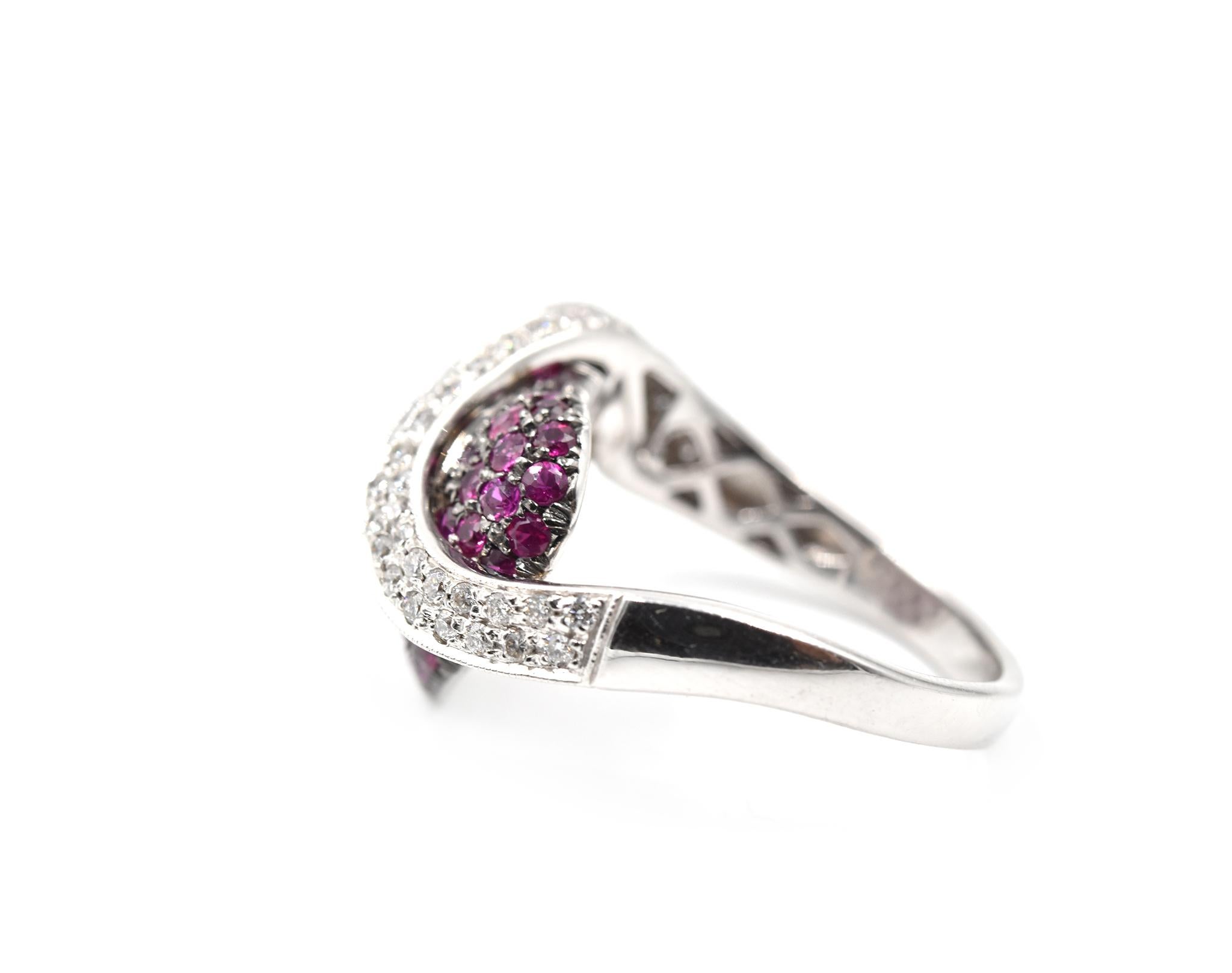 14 Karat White Gold Ruby and Diamond Heart Crossover Ring In Excellent Condition For Sale In Scottsdale, AZ