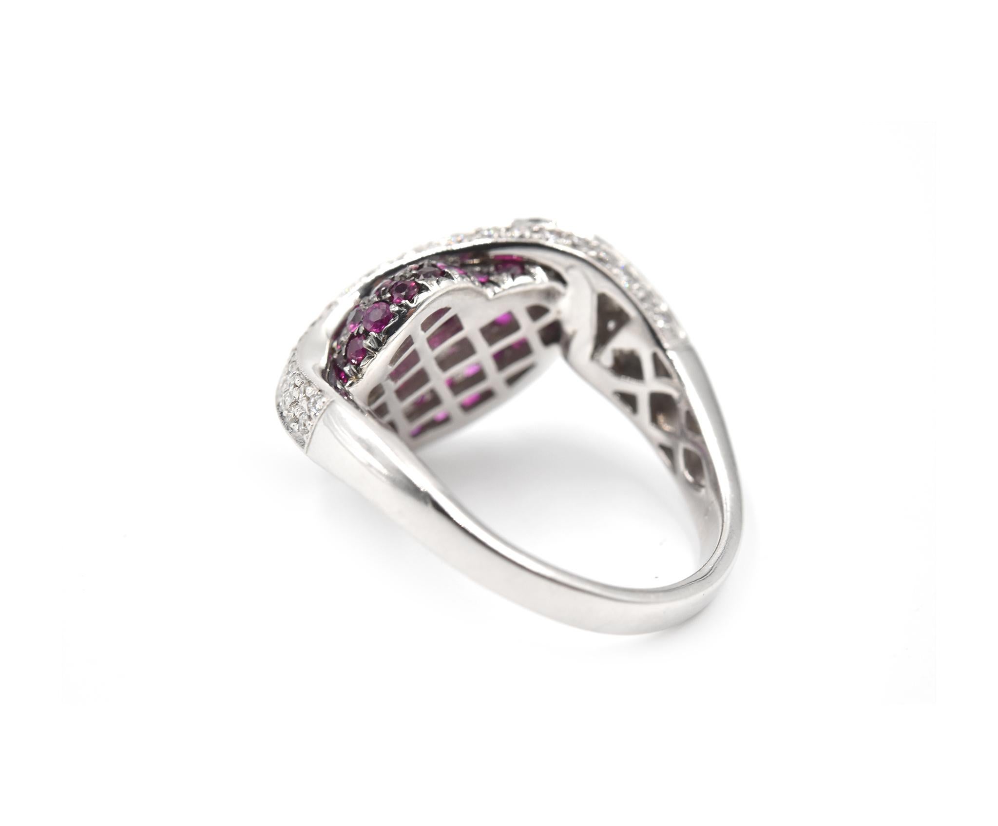 Women's 14 Karat White Gold Ruby and Diamond Heart Crossover Ring For Sale