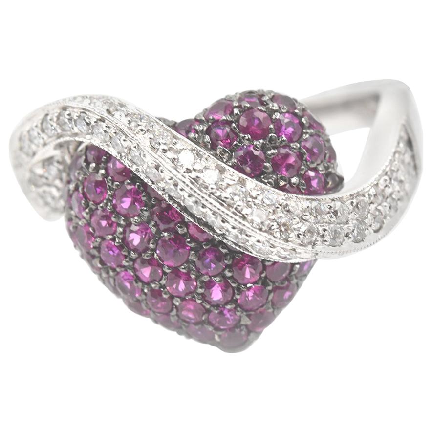 14 Karat White Gold Ruby and Diamond Heart Crossover Ring