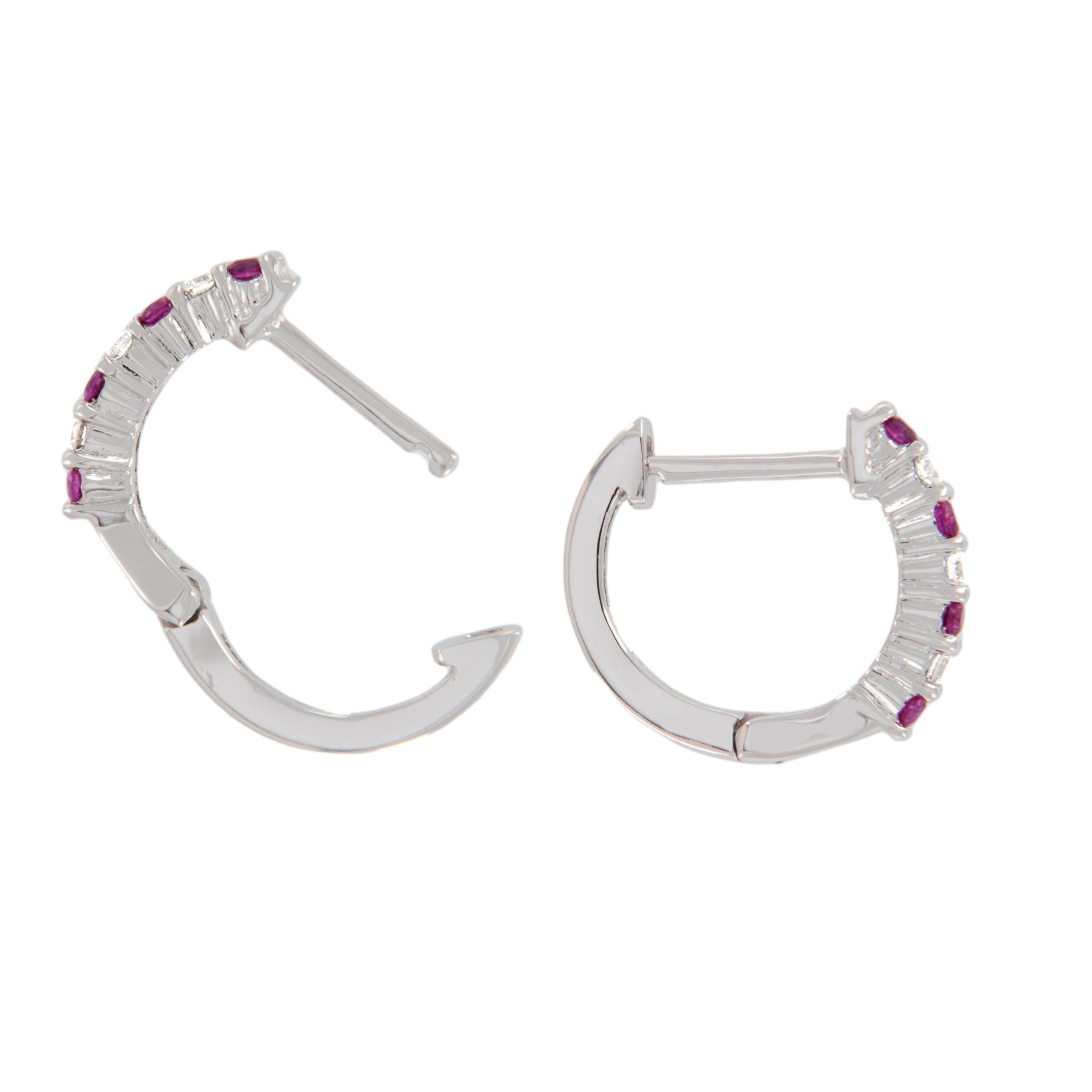 Contemporary 14 Karat White Gold Ruby and Diamond Petite Huggy Hoop Earrings For Sale