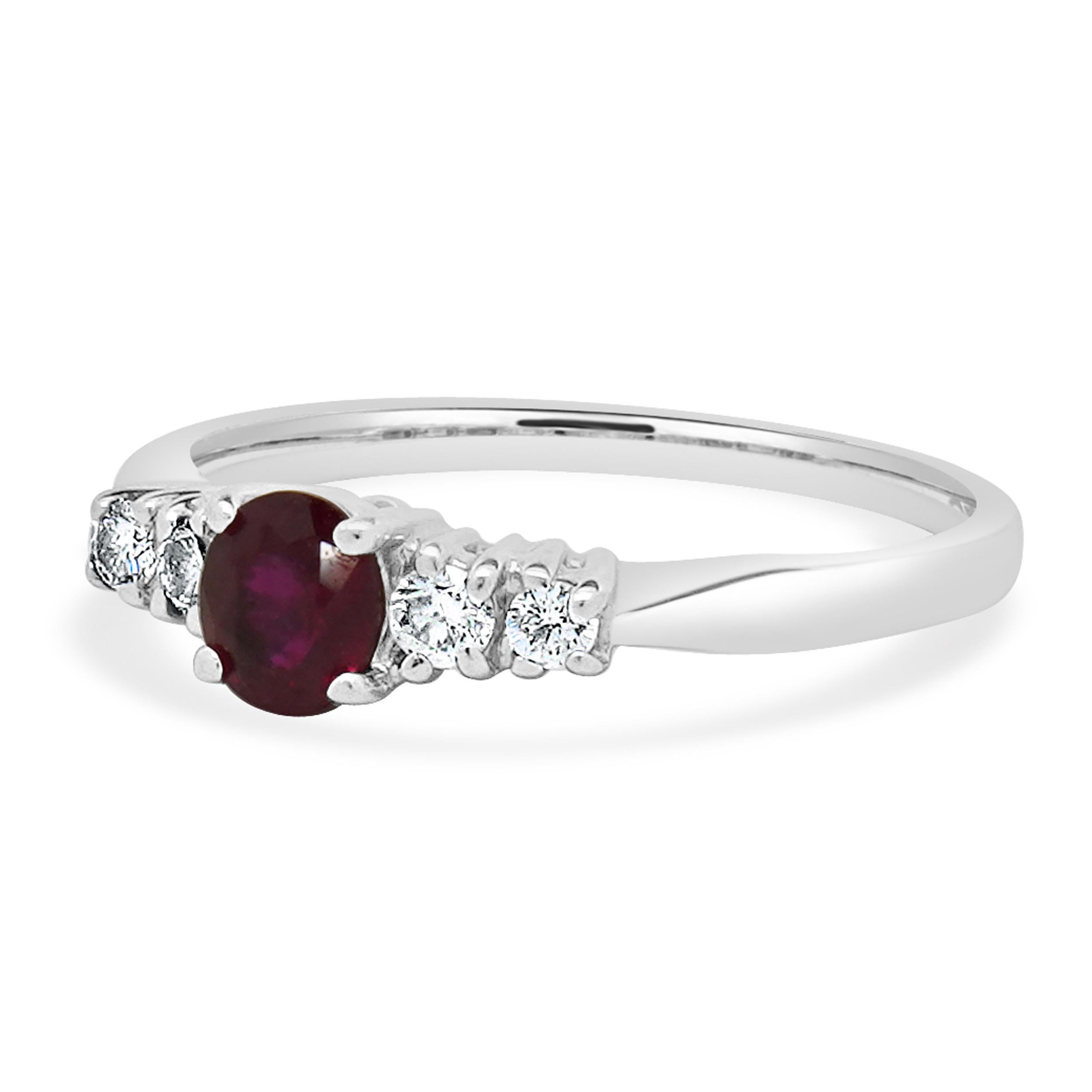 Material: 14K white gold
Diamond: 4 round brilliant cut = 0.15cttw
Color: G / H
Clarity: SI1-2
Ruby: 1 oval cut = 0.40ct
Ring Size: 6.5 (please allow up to 2 additional business days for sizing requests)
Weight: 2.00 grams