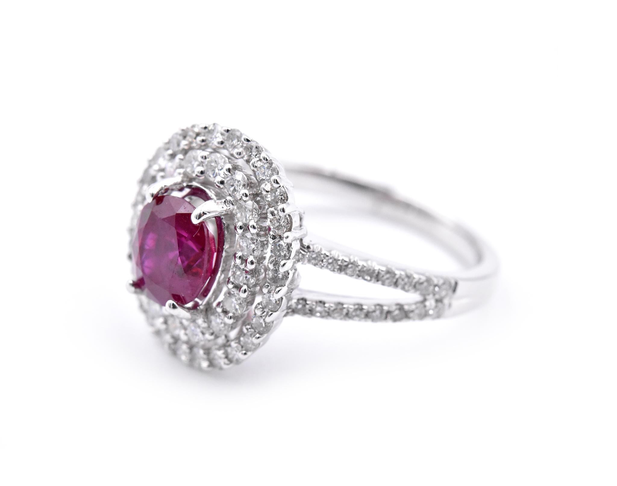 Round Cut 14 Karat White Gold Ruby and Diamond Ring For Sale