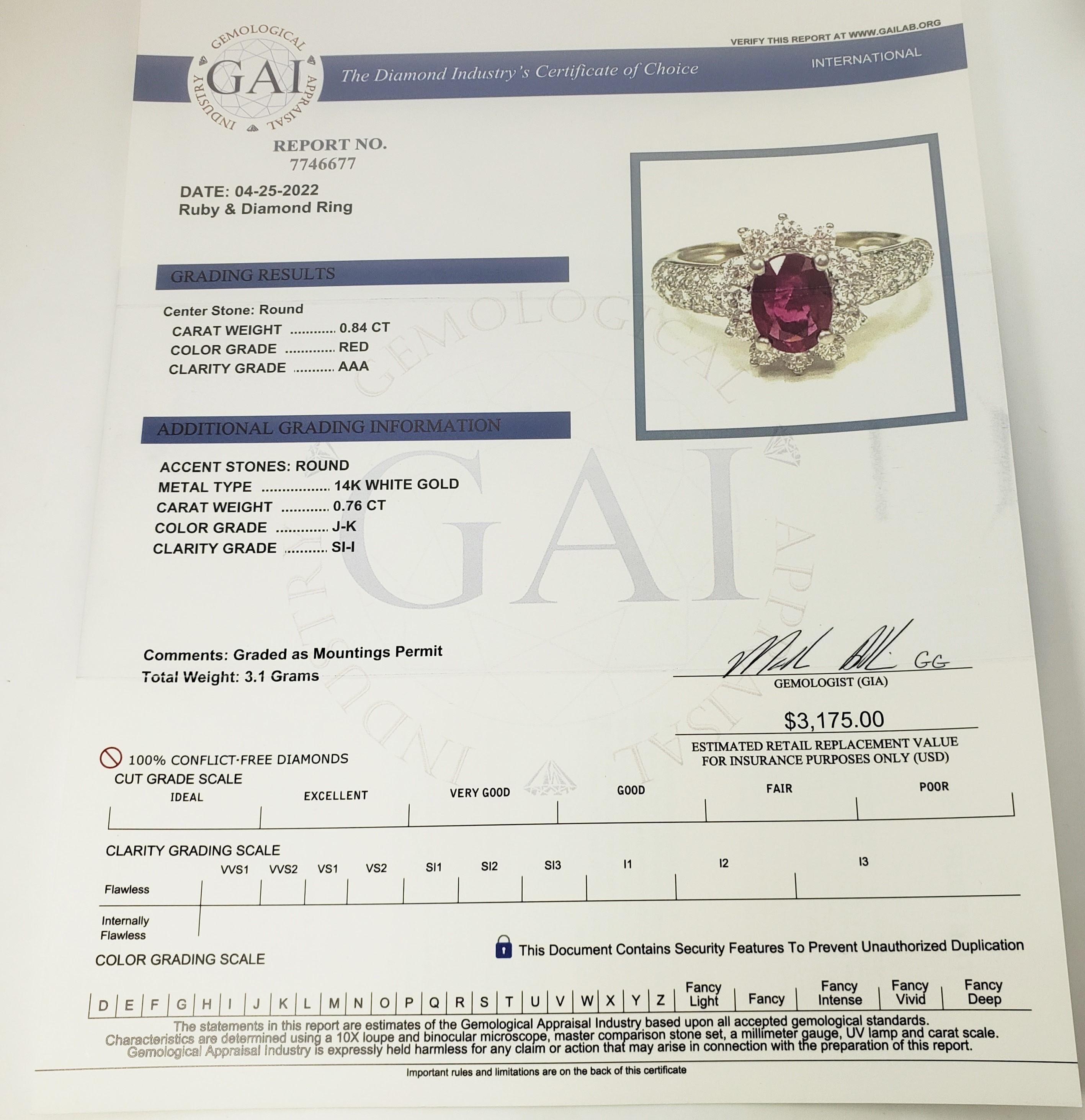 Women's 14 Karat White Gold Ruby and Diamond Ring Size 4.5 For Sale